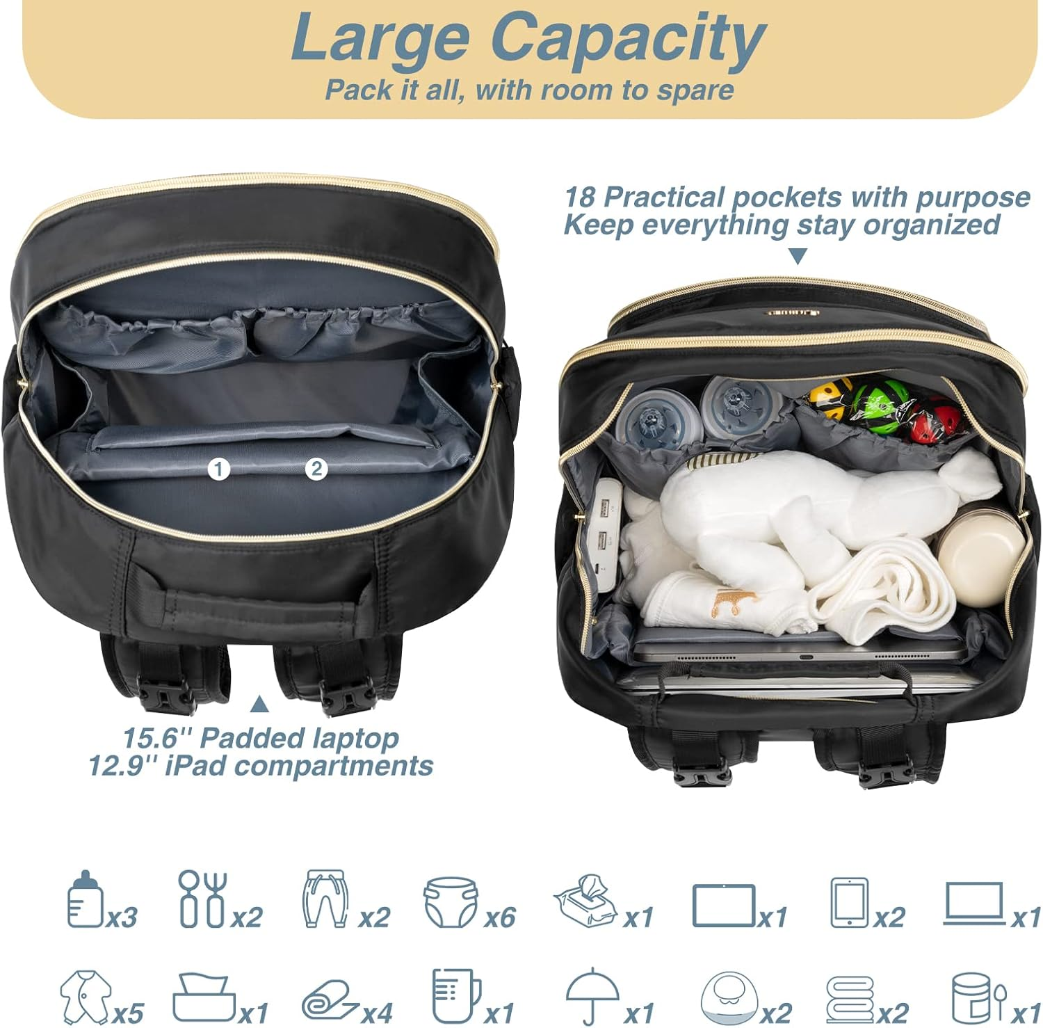 MOMUVO Diaper Bag Backpack, Quilted Baby Bag with Changing Pad & Stroller Straps & Pacifier Case, Large Travel Diaper Bags image number 4