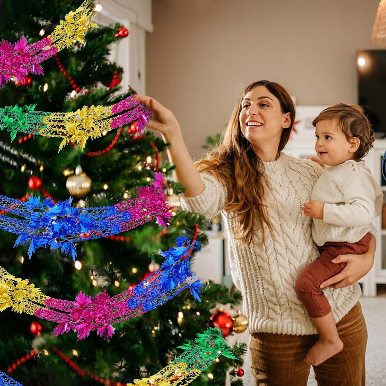 4Pcs Christmas Foil Decorations Garland Festive Hanging Tinsel Swirl Decorations for Indoor Outdoor Birthday Wedding Party Supplies, 8.2Ft image number 1