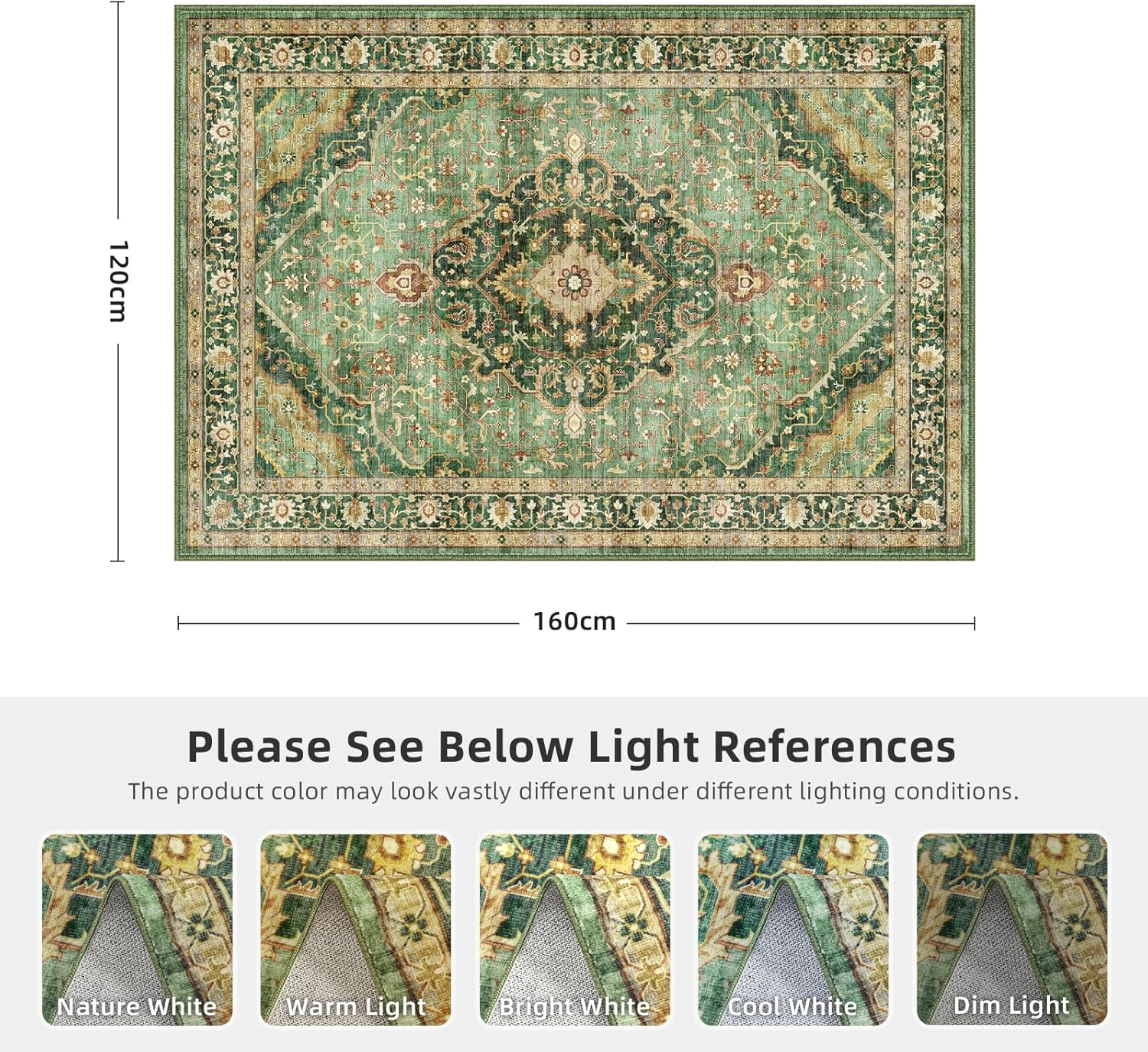 Deerly Area Rugs for Living Room Boho Vintage Machine Washable Carpet Non-Slip Distressed Print Floor Area Rug for Bedroom, Livingroom, Entance, Laundry, Dormitory, Apartment (Darkgreen, 120X160CM) image number 3
