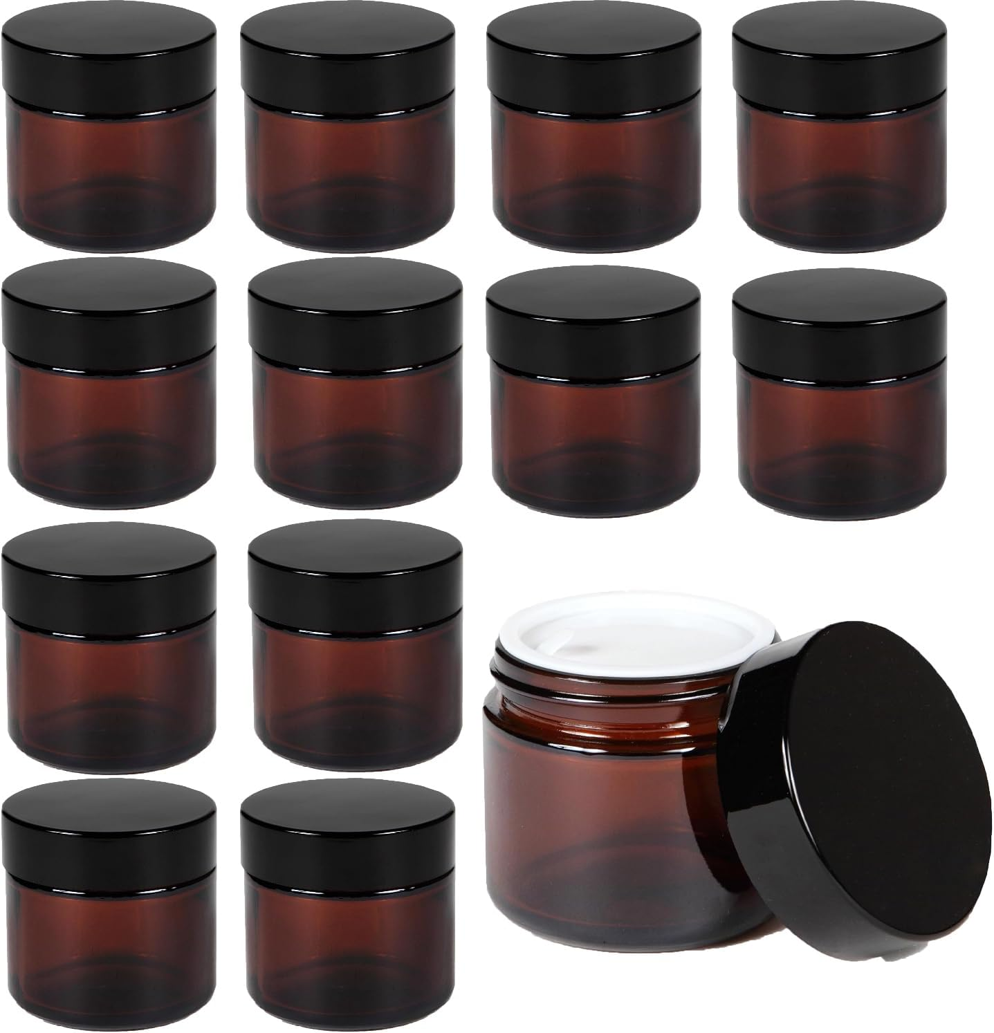 Pack of 12 Amber Glass Empty Jars, 50 Ml Brown Jar, Cream Jar, Glass Container, Empty, Refillable Container Jars, with Lid and Liner for Cosmetics, Creams, Lotions, Essential Oils, Powder, Dispenser image number 1