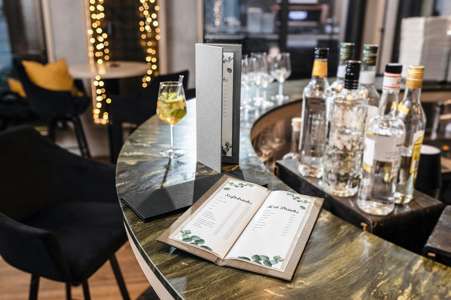 SIGEL GM100/5 Menu Bar Format 1/2 A4 Drinks Folder Rubber Binding Black with Linen Texture Pack of 5 Durable and Easy Wipe Clean image number 2