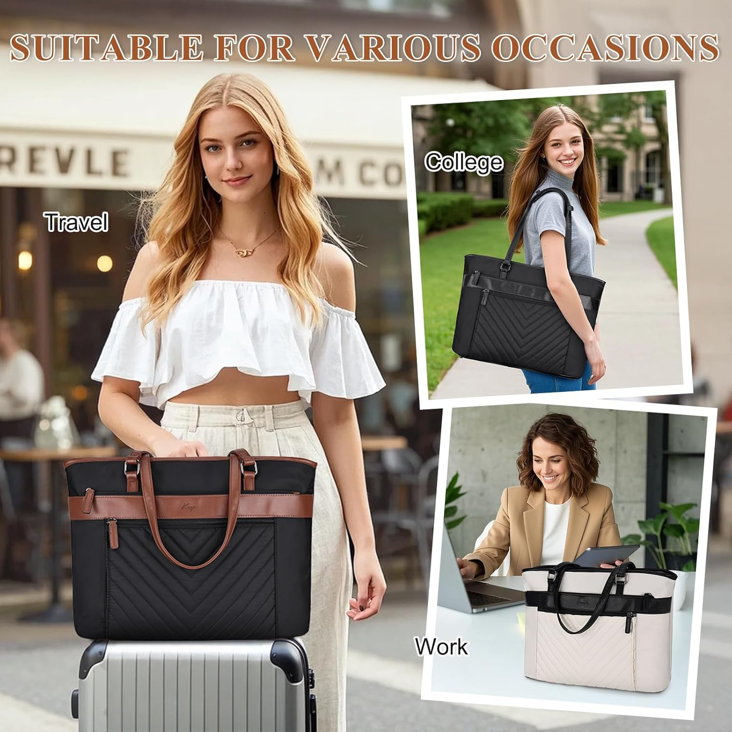 Laptop Tote Bag for Women, KASQO Large Water-Resistant 15.6 Inch Computer Shoulder Bag Ladies Work Tote Leather Handbags Satchel with Clutch Purse for Office School Travel