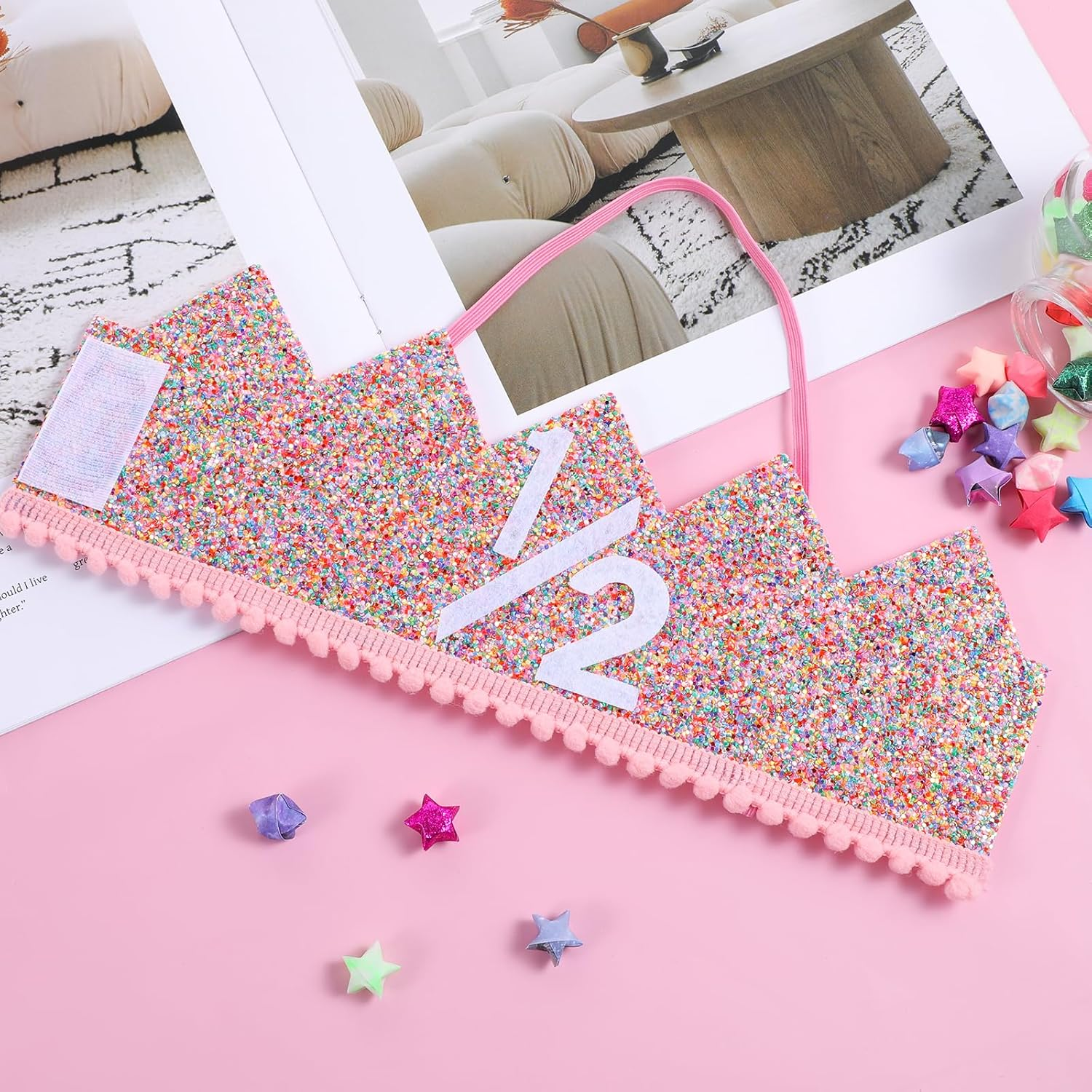 Pink 1/2 Birthday Crown, Half Birthday Hat with Glitter and Confetti for 1/2 Birthday Girl or Boy, Ages 0-2 image number 4