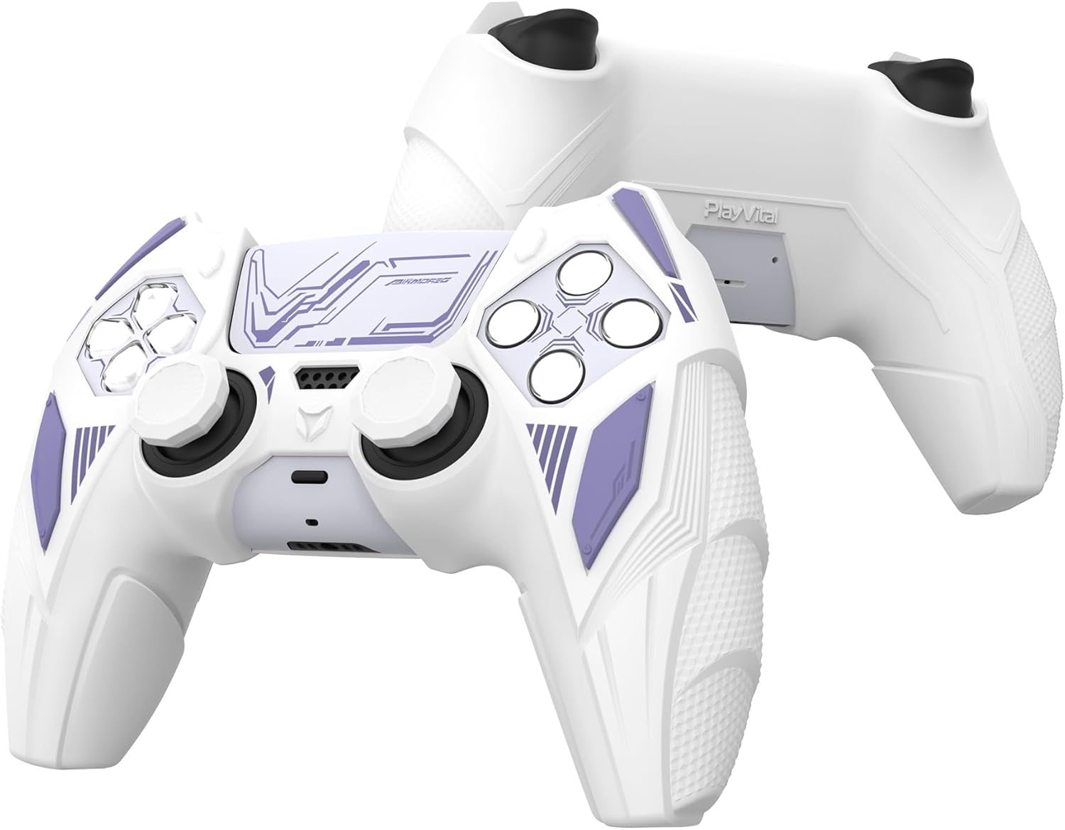 Playvital Mecha Rhino Silicone Cover for Ps5 Controller with Thumb Grips & Stickers, Anti-Slip Controller Grip Skin Accessories Compatible with Ps5 Charging Station - White & Light Violet image number 2