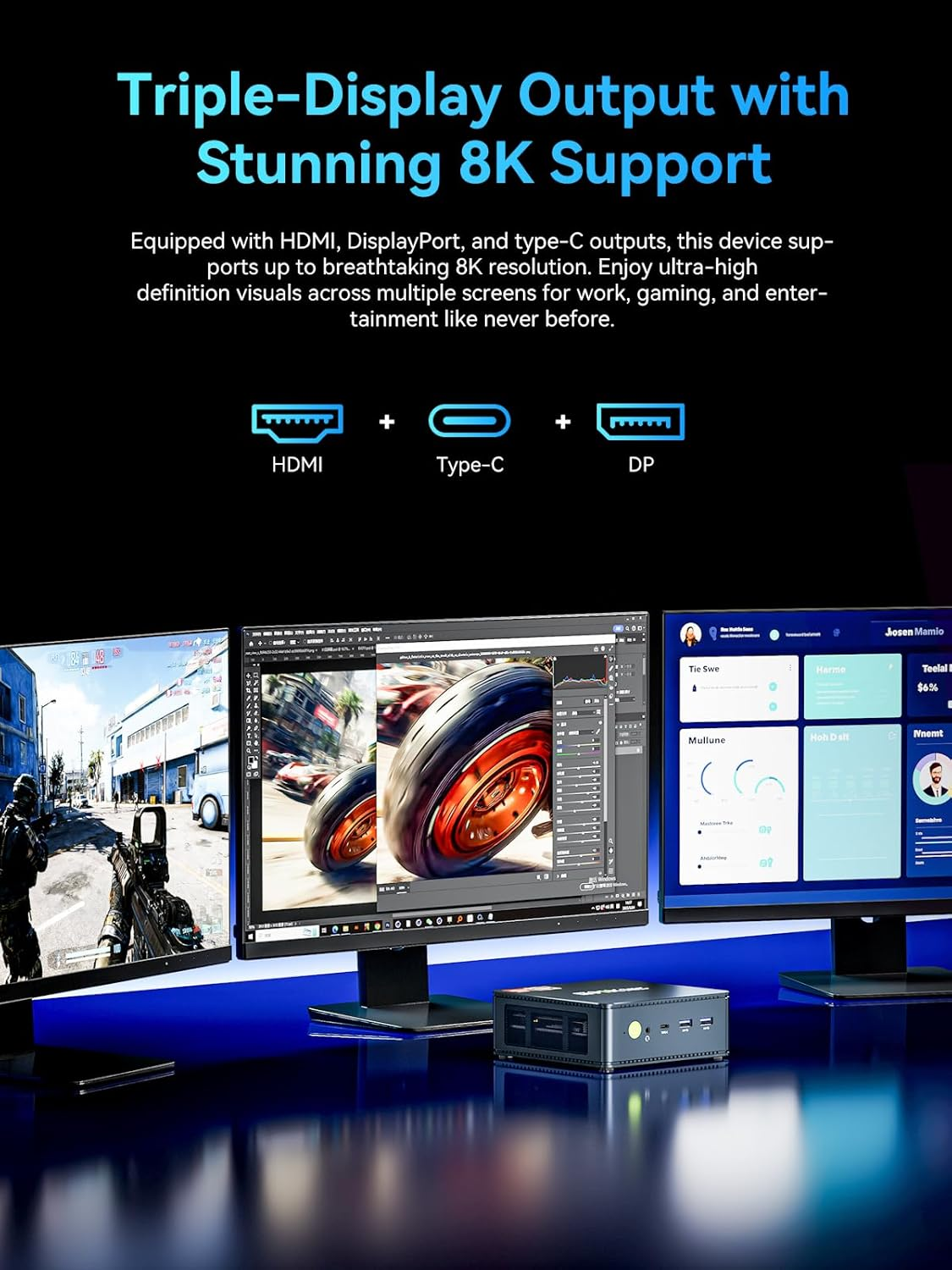 Gmktec Gaming Mini PC Ryzen 7 7730U (Upgraded 6800H), 16GB DDR4 512GB SSD Dual NIC LAN 2.5Gbe Desktop Computers, Triple 4K Display, Wifi 6E, USB-C, BT 5.2, DP, HDMI 2.0 M5 Ultra image number 2