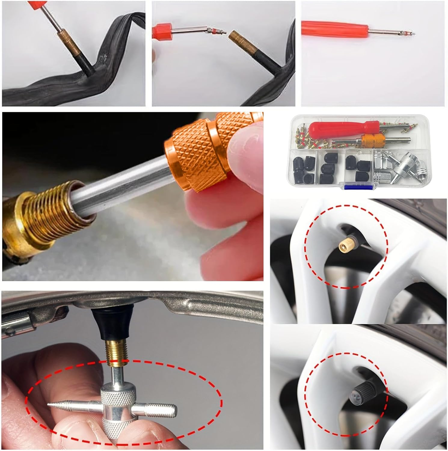 FENGRUI 37 Pcs Car Tyre Valve Removal Tool Set,4-Wayvalve Tool | 10 Pcs Tirevalve Caps | 20Pcs Valvecores Tyre Valve Repair Kit Dual & Single Headvalve Core Remover for Car Bicycle Auto image number 5