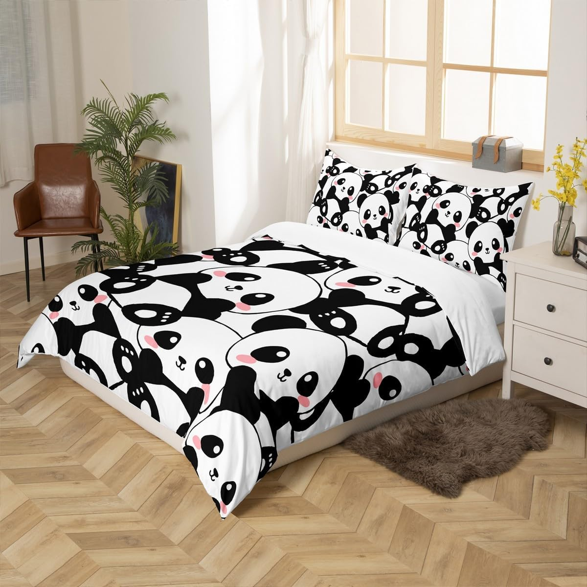 Erosebridal Kid Duvet Cover Twin, Cute Panda Bedding Set for Bedroom Decor, Kawaii Black White Bear Comforter Cover, Giant Panda Bedding Comforter Set, Cartoon Bedding Set for Childern Boys Girls image number 3