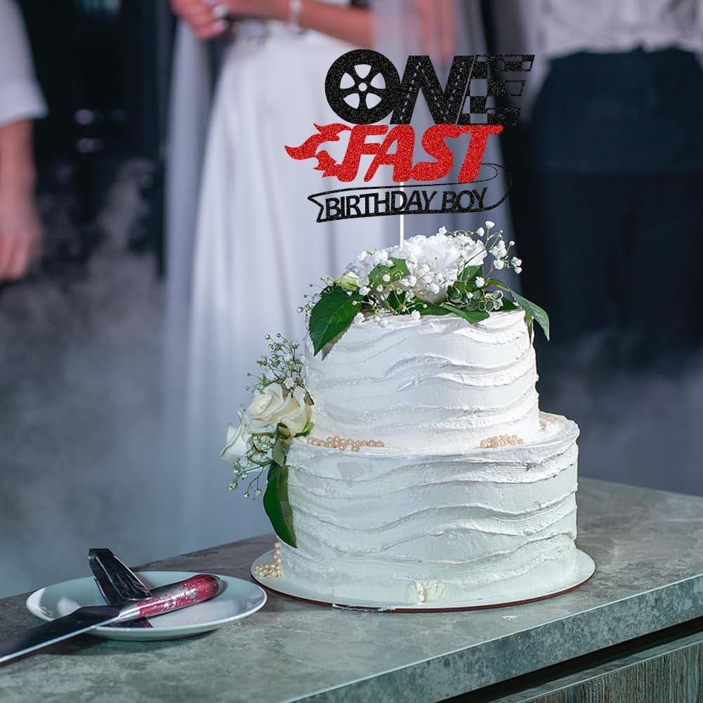 SWEETTALA One Fast Cake Topper Racing Car 1St Birthday Cake Decor Glitter 1St Birthday Party Decorations for Boys Black & Red image number 3