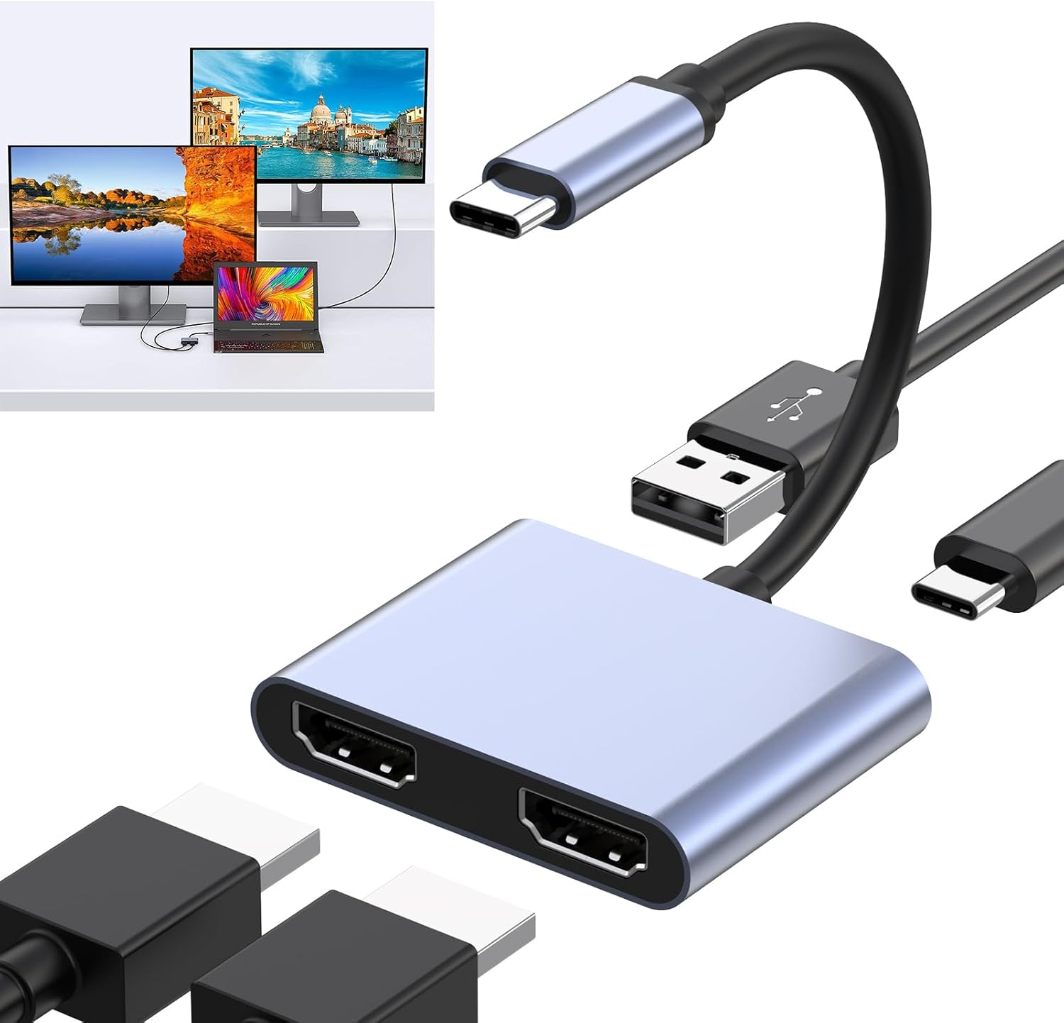 HARIBOL Dual HDMI Adapter for 2 Monitors, 4 in 1 USB C to Dual HDMI Adapter 4K@30Hz with 100W PD Charging, USB-A 3.0 Port, HDMI Adapter for Dual Monitors for Macbook Pro Air, HP, Dell,Iphone 15 Series image number 2