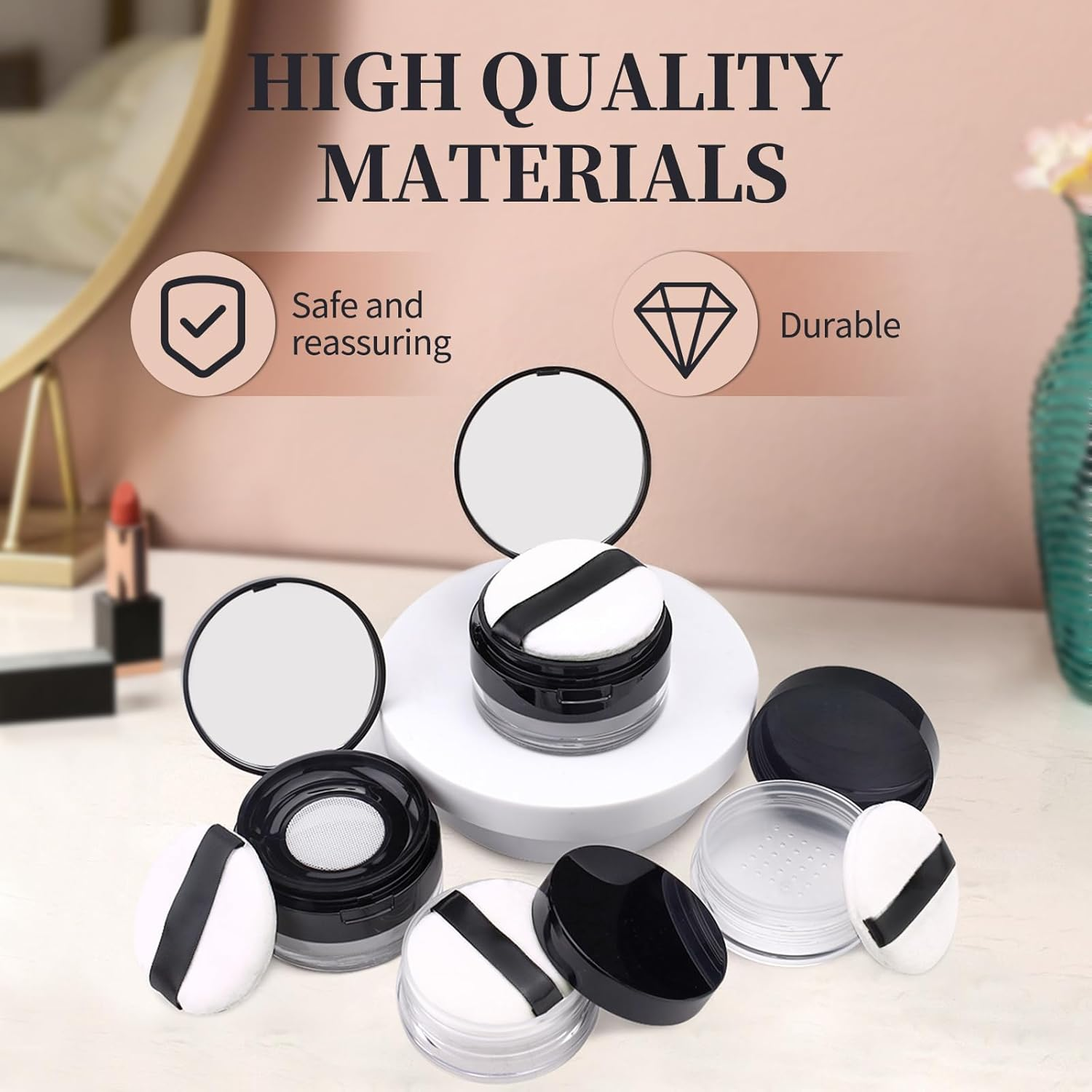 4Pcs Loose Powder Containers with Powder Puff, Plastic Reusable No Leak Powder Compact with Mirror and Puff, Refillable Empty Makeup Containers, Travel Powder Container with Elasticated Net Sifter and Lid (Black) image number 1