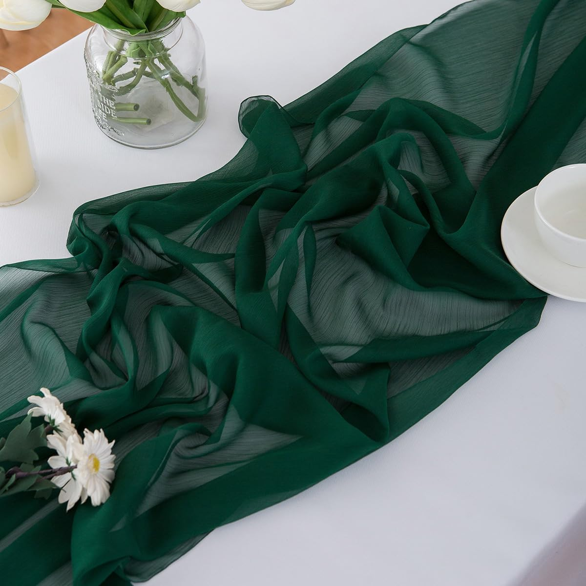 CHUQING Table Runner Dark Green Chiffon Long Table Runners 27X120 Inches Sheer Wedding Runner image number 2