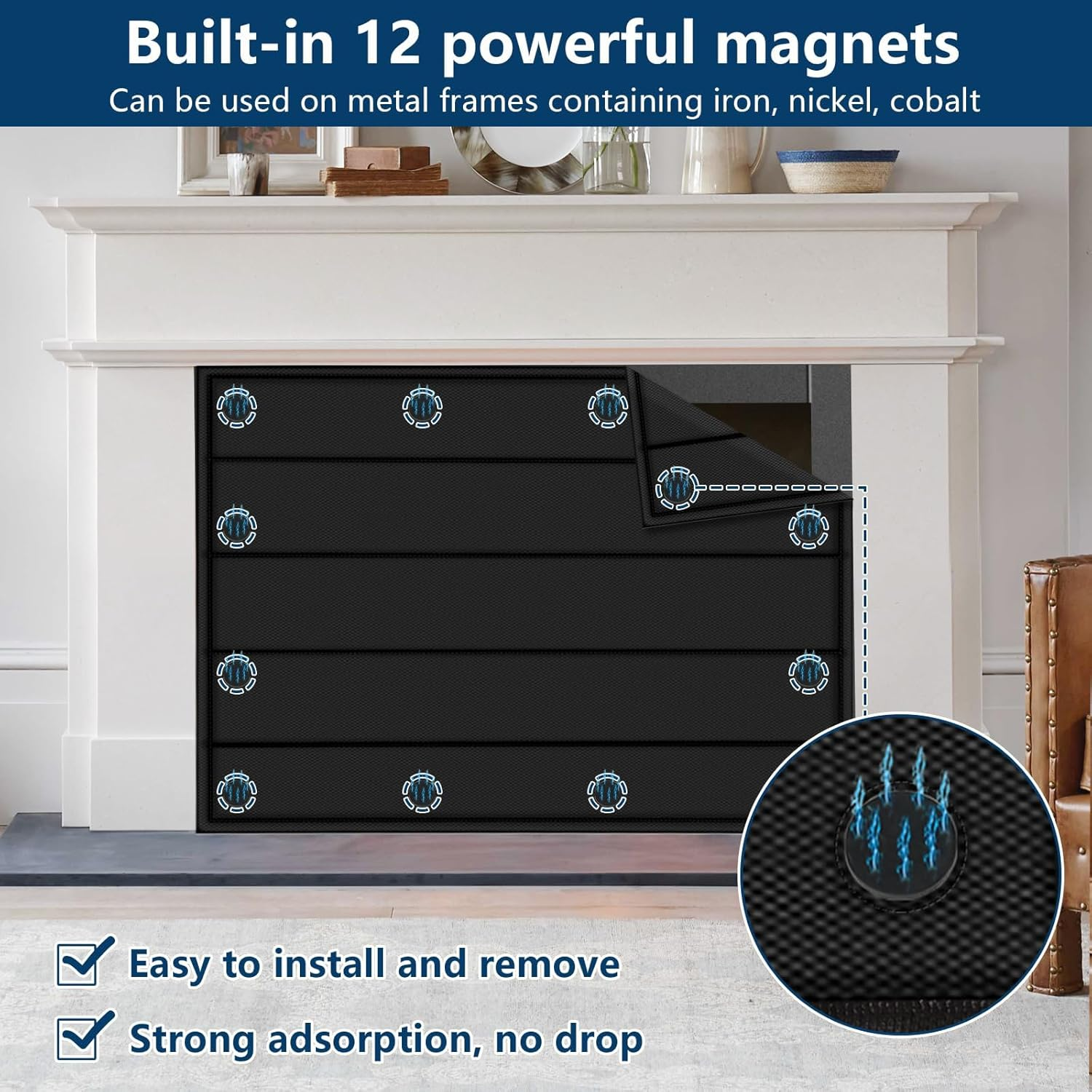 Magnetic Fireplace Blanket for Heat Loss Indoor Fireplaces Covers Keep Drafts Out Fireplace Draft Stopper with Built-In 12 Strong Magnet for Iron Fire Place Frame Fireplaces Screen 38X26