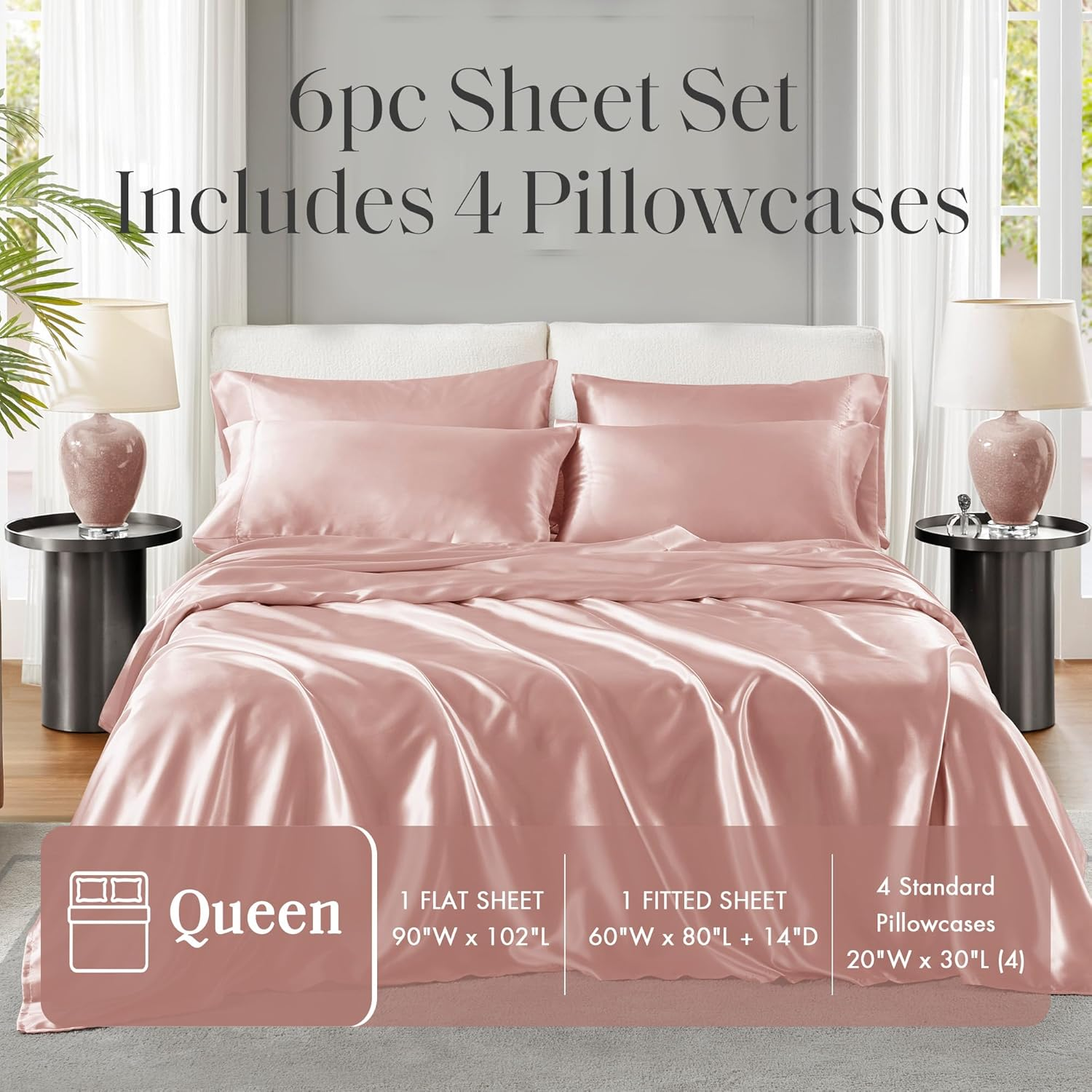 Madison Park Essentials Satin Sheet Set Wrinle-Free Luxurious and Silky with Natural Sheen, Premium 16" Deep Pocket, All around Elastic - Year-Round Bedding, Queen, Blush, 6 Piece