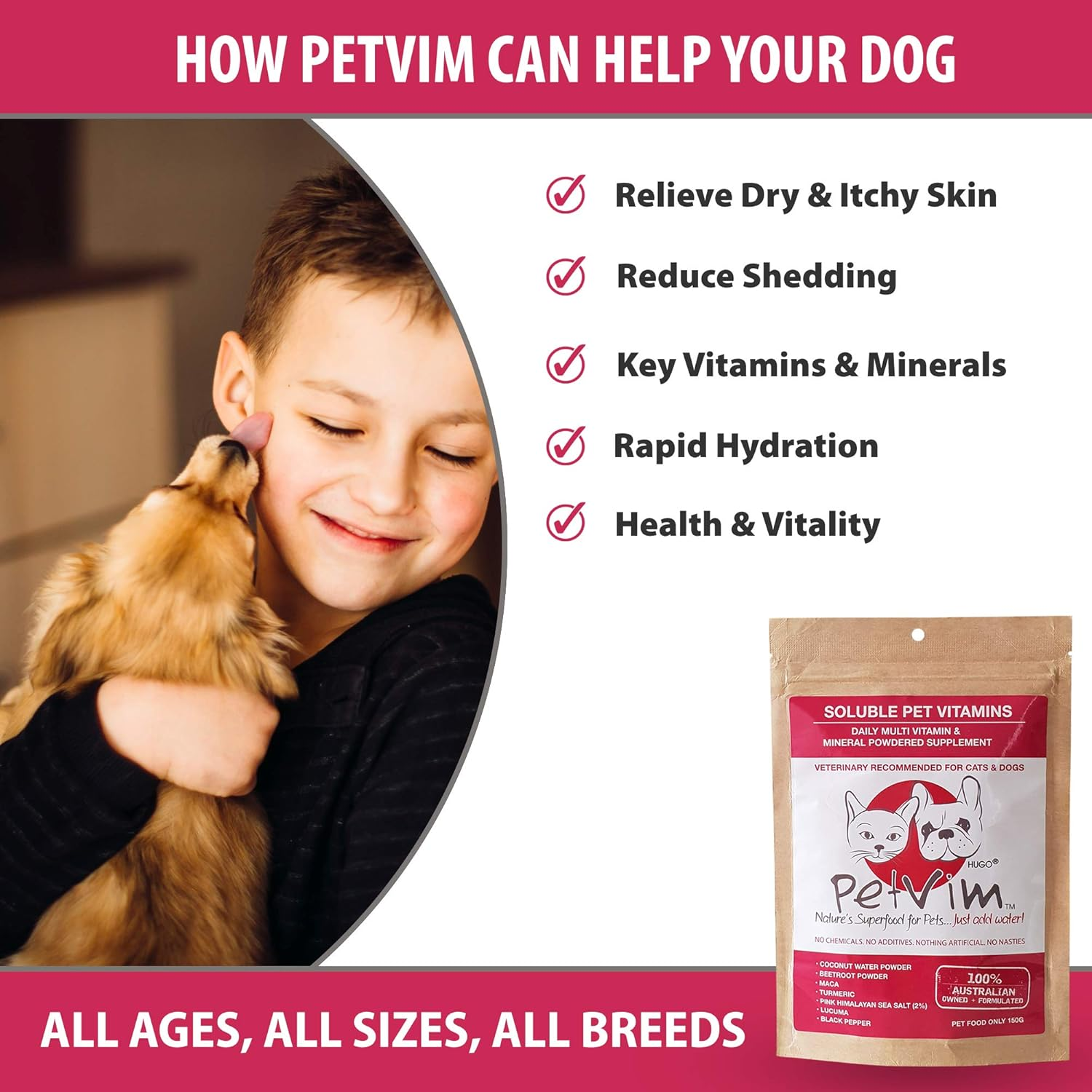 Organic Pet Superfood Vitamin Supplement. Rapid Health & Immune Booster for Cats/ Dogs, Sick/Old/Senior Pets. Small/Medium/Large Breeds. Assists Mobility in Hips & Joints/Helps Relieve Allergies/ Promotes Brain & Memory Health, Energy, Digestion & Shiny Coat. Daily Key Essential Vitamins, Minerals, Antioxidants & Electrolytes. Grain Free. All-In-1. GREAT TASTE. Powder 150G. $29.95 image number 1