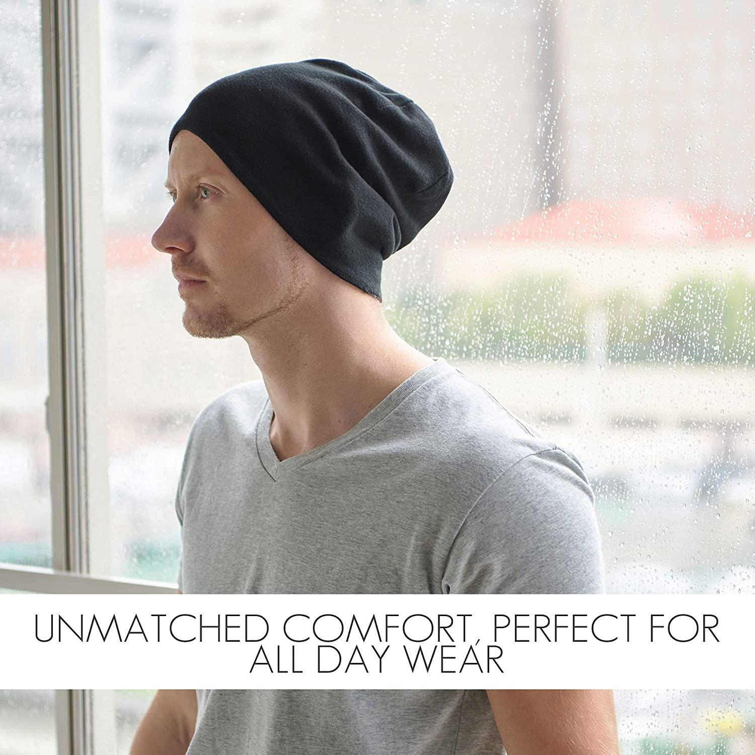 CHARM Organic Cotton Reversible Beanie - Made in Japan Slouchy Warm Knit Chemo Hat - Navy  Light Grey image number 6