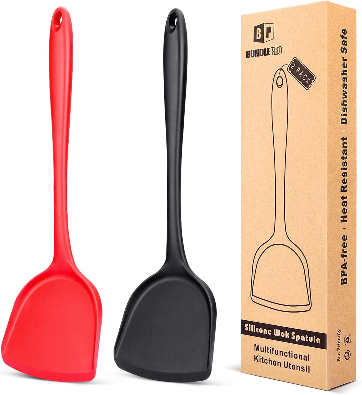 Pack of 2 Silicone Wok Spatula, Non-Stick, Heat, Stain and Odor Resistant, Easy to Clean and Dishwasher Safe, Seamless Kitchen Utensil for Cooking, Baking, Stir-Fry (Black)