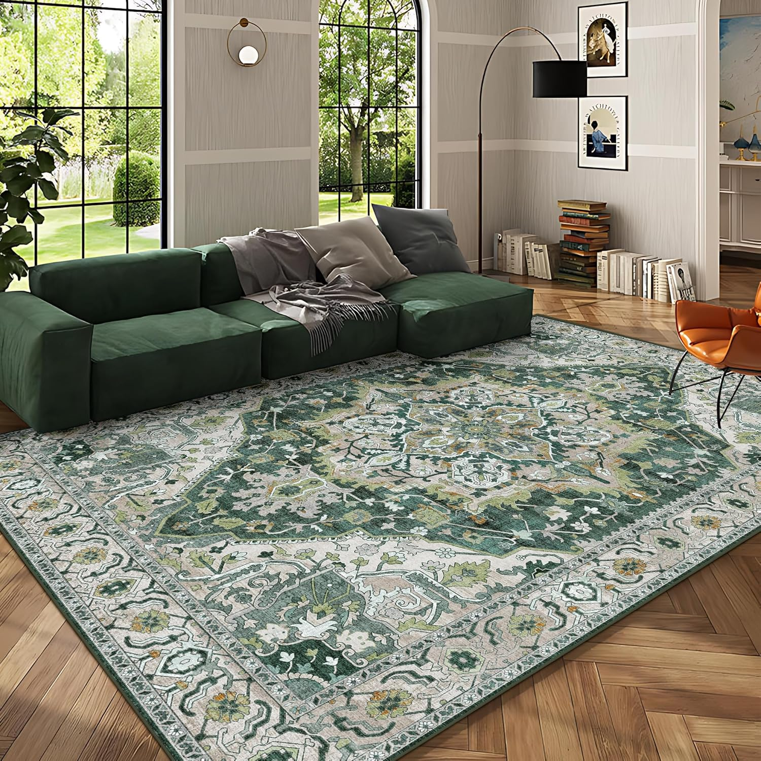 Youzi Vintage Area Rugs 200X300 for Livingroom, Machine Washable Rug with Anti-Slip Botton Shortpile Carpet Large Soft Rugs for Bedroom Kitchen Floor Living Room Indoor Home Decor(200X300Cm,Green) image number 4