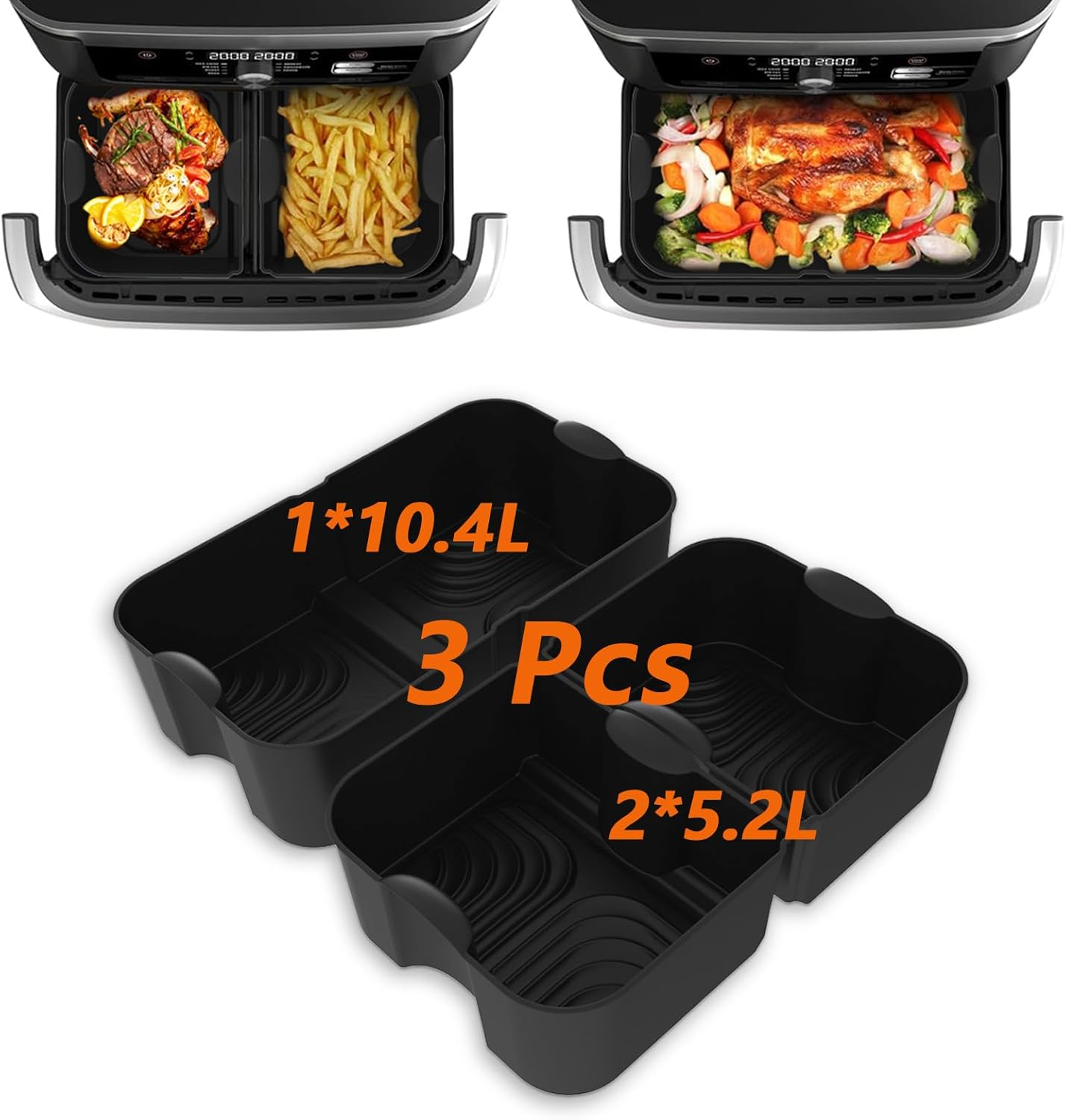Marakruki 3Pcs Silicone Air Fryer Liners for Ninja AF500 XXXL, Reusable 10.4L Flexdrawer, 2 Pcs for Dual 5.2L Baskets + 1 Pcs for 10.4L Megazone Basket image number 3