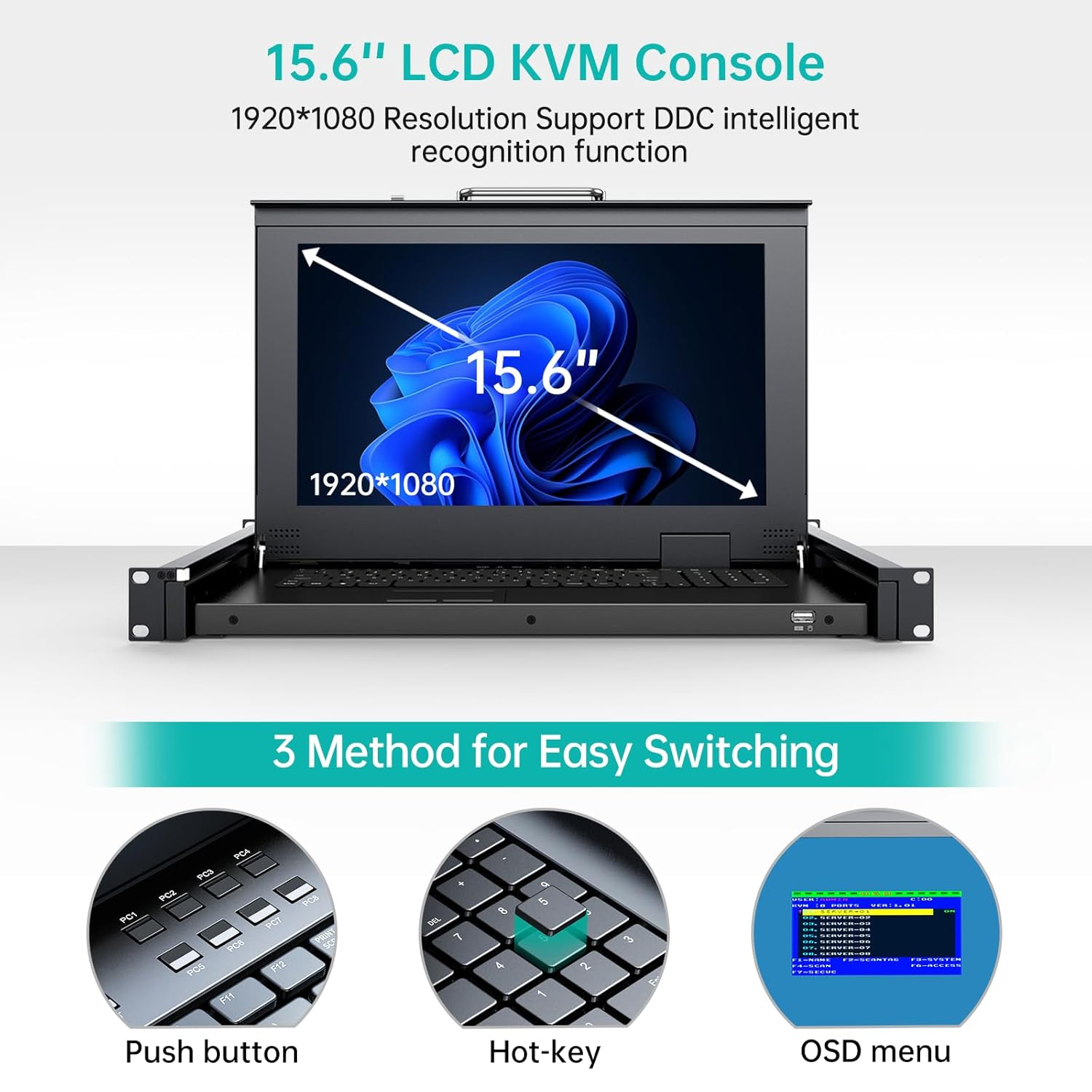Mt-Viki 1U Rack Mount KVM Console, 8 Port KVM VGA Switch W/15.6'' LCD Monitor, 1080P, Mount into 23.6-31.5 Inch Deep Server Cabinet, Integrated Touchpad+Keyboard+8 KVM Cables image number 5
