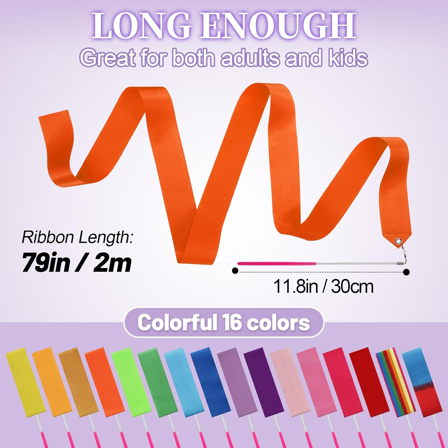 PAMASE 16 Packs Kids Dancing Gymnastics Ribbon Wands, 6'6" Rhythmic Artistic Twirling Ribbons with Non-Slip Handle image number 1