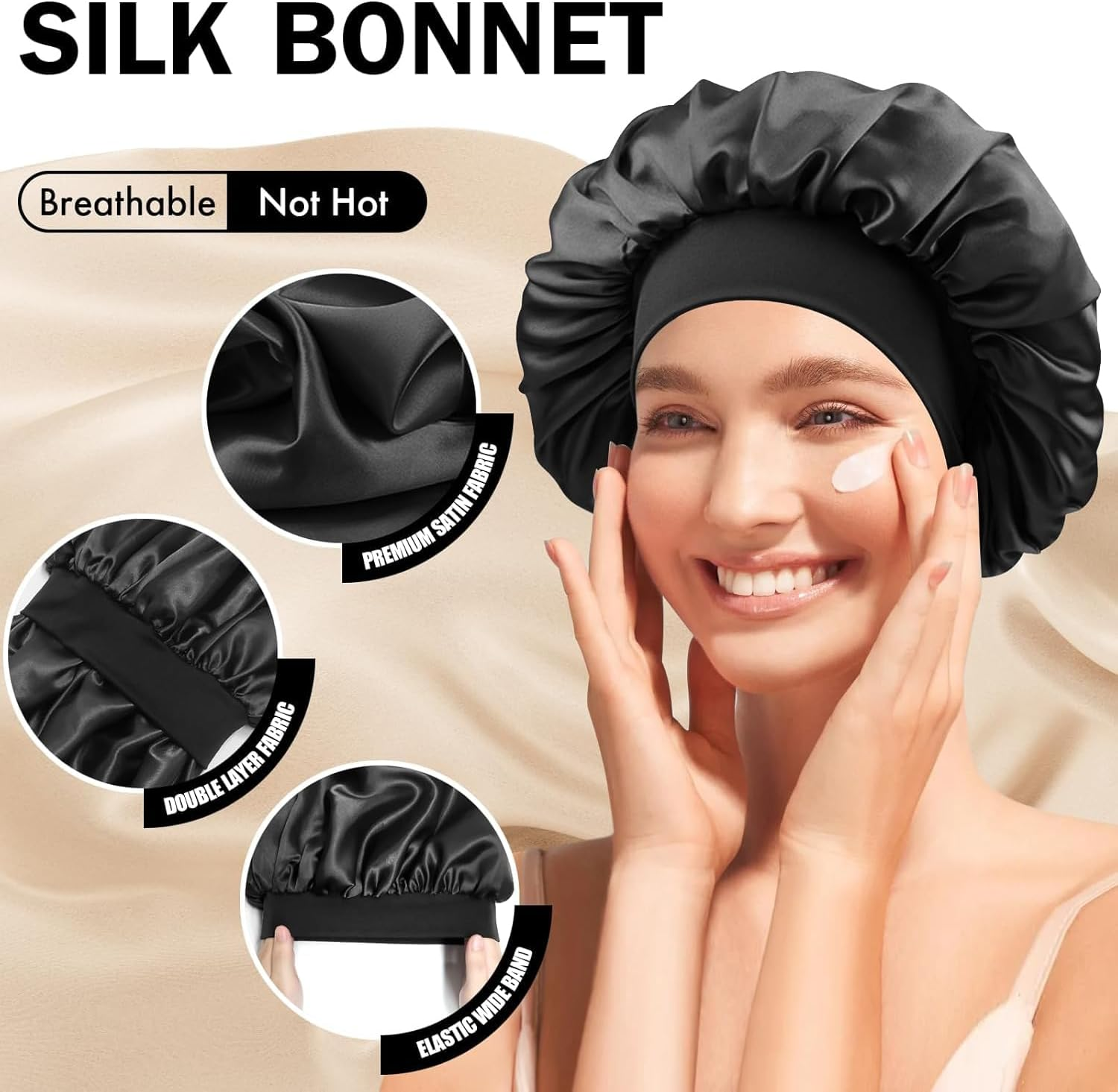 Mumoo Bear [2 Pcs] Satin Silk Hair Bonnet with Wide Elastic Band, Bonnet Silk Wrap for Sleeping, Soft Head Cover Sleep Hat Night Shower Cap for Women Men Curly Hair