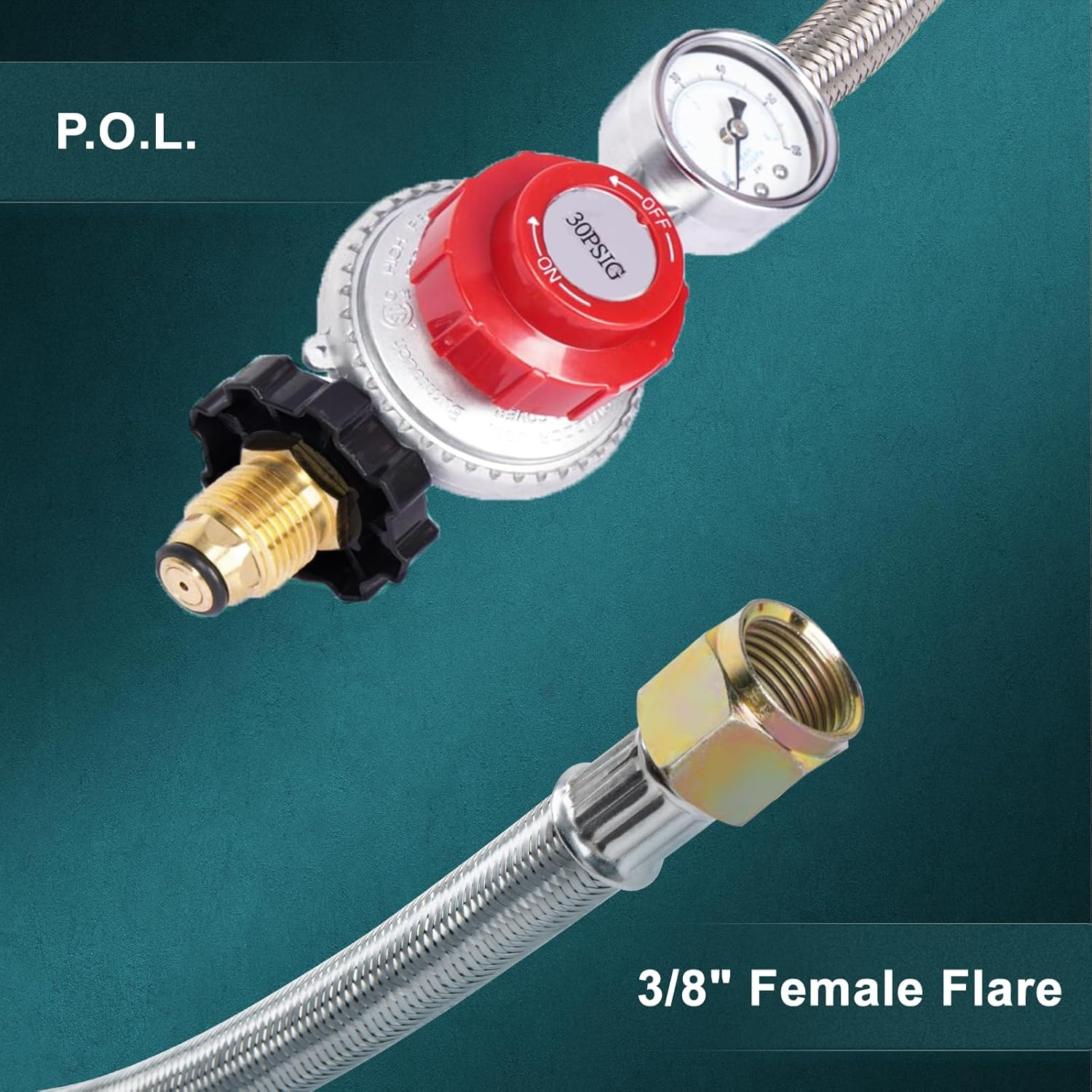 GASPRO 12 Foot 0-30 PSI High Pressure Adjustable Propane Regulator with Gauge/Indicator, Stainless Steel Braided Hose, Gas Grill LP Regulator for Burner, Turkey Fryer, Forge, Smoker and More. image number 2