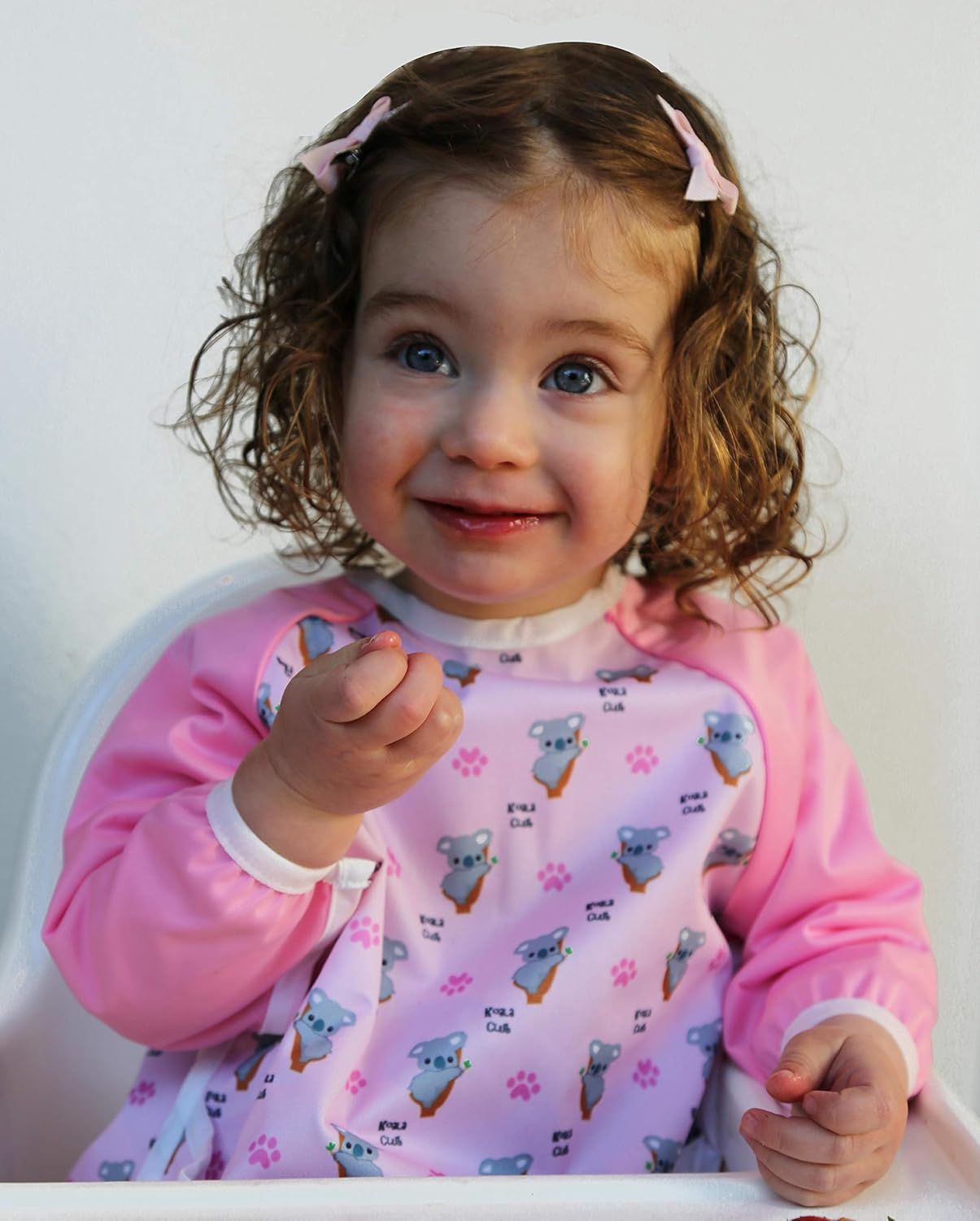 Australian Designed Sleeved Baby Bib with Pocket 6-24 Months. Waterproof: Full Coverage for Highchair Feeding, Arts and Crafts and Messy Painting! Cute Koala Print Art Apron Smock for Baby and Toddler and Includes Smock Pocket. 1 Piece (Pink) - Pink image number 2