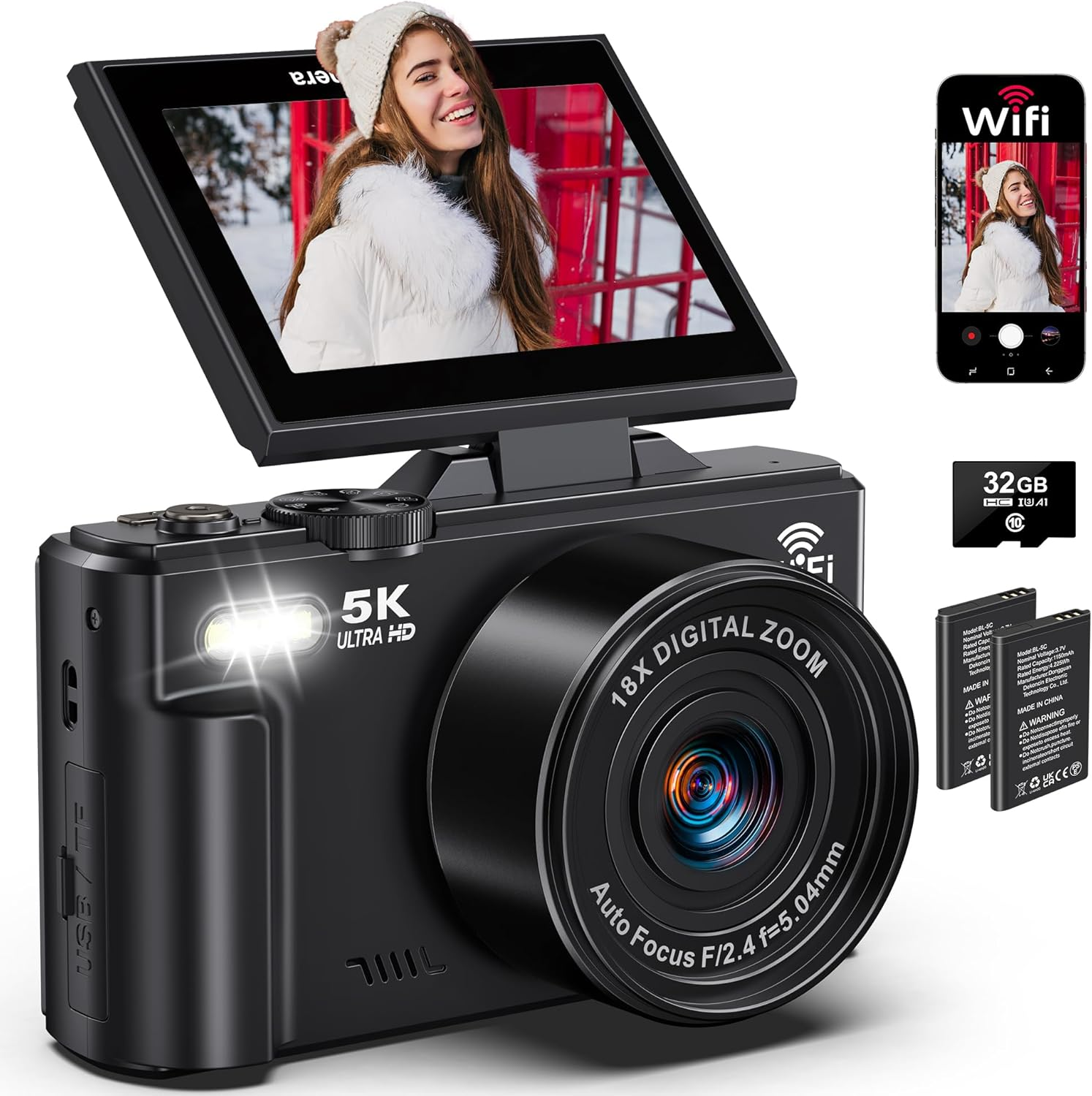 5K Digital Camera for Photography - 75MP Wifi Vlogging Camera for Youtube - UHD 18X Zoom Digital Cameras with Flip Screen 3" 180&deg; - Travel Photography Flash Camara for Beginners & Adults image number 2