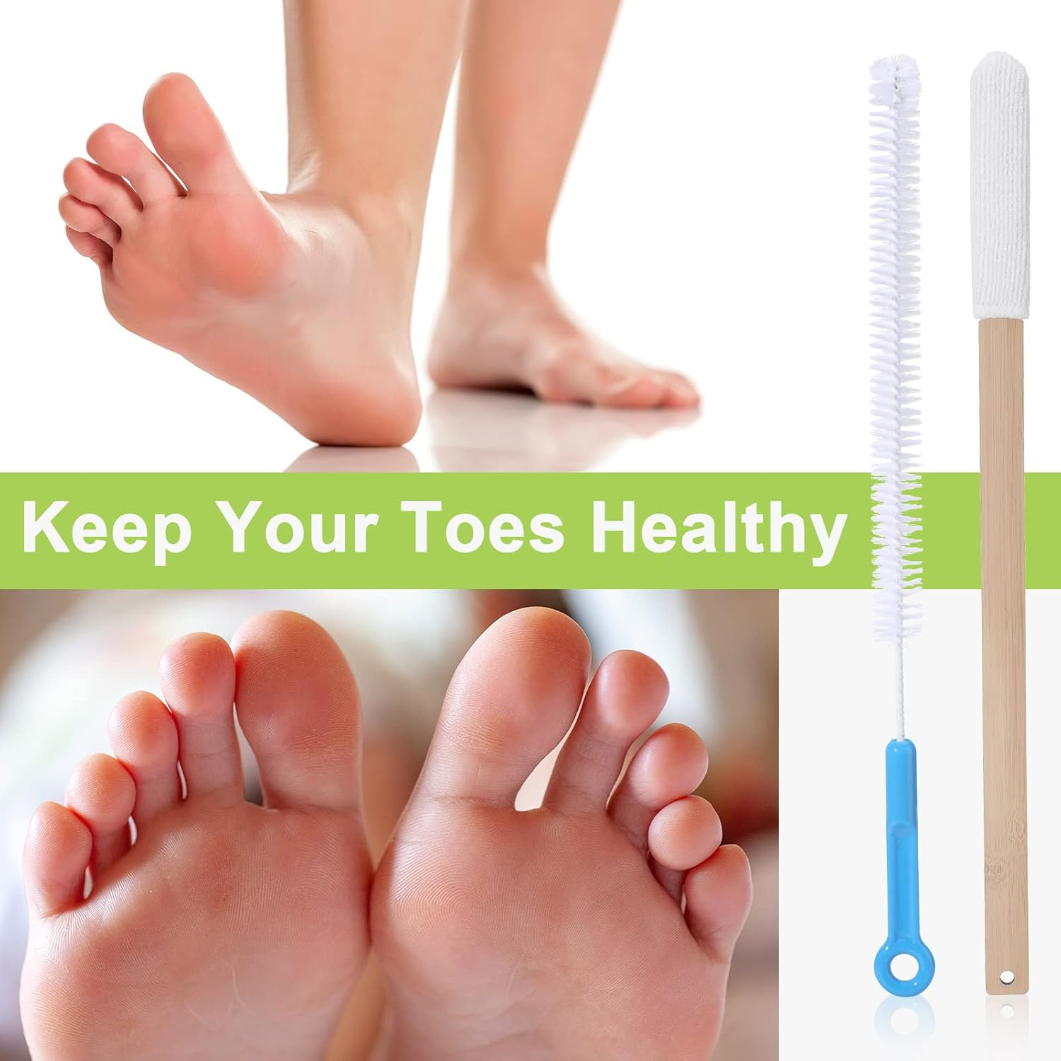 Yaomiao Set of 2 Long Handle Toe Brush 15.75 Inches Wooden Foot Towel Brush with Reusable Remove Soft Drying Covers for Foot Scrubber Cleaning between Toes image number 2