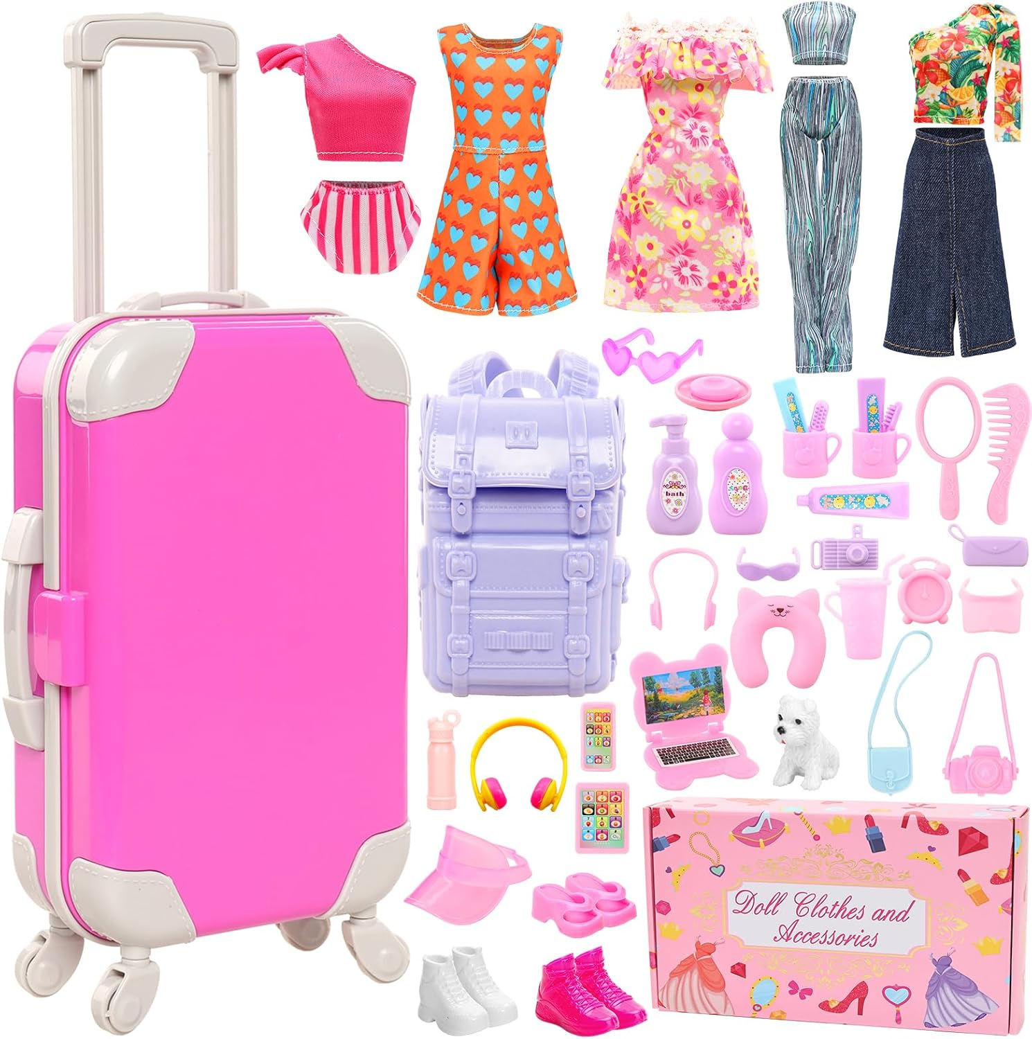 40 Pcs 11.5 Inch Girl Doll Clothes and Accessories Include Travel Suitcase 5 Outfits Dress Swimsuit 3 Shoes Luggage Backpack and Other Accessories for 11.5 Inch Girl Dolls