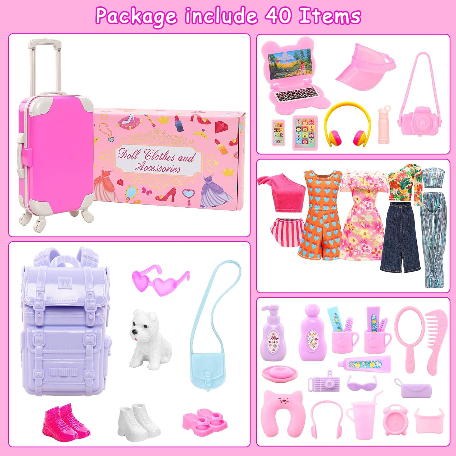 40 Pcs 11.5 Inch Girl Doll Clothes and Accessories Include Travel Suitcase 5 Outfits Dress Swimsuit 3 Shoes Luggage Backpack and Other Accessories for 11.5 Inch Girl Dolls image number 2