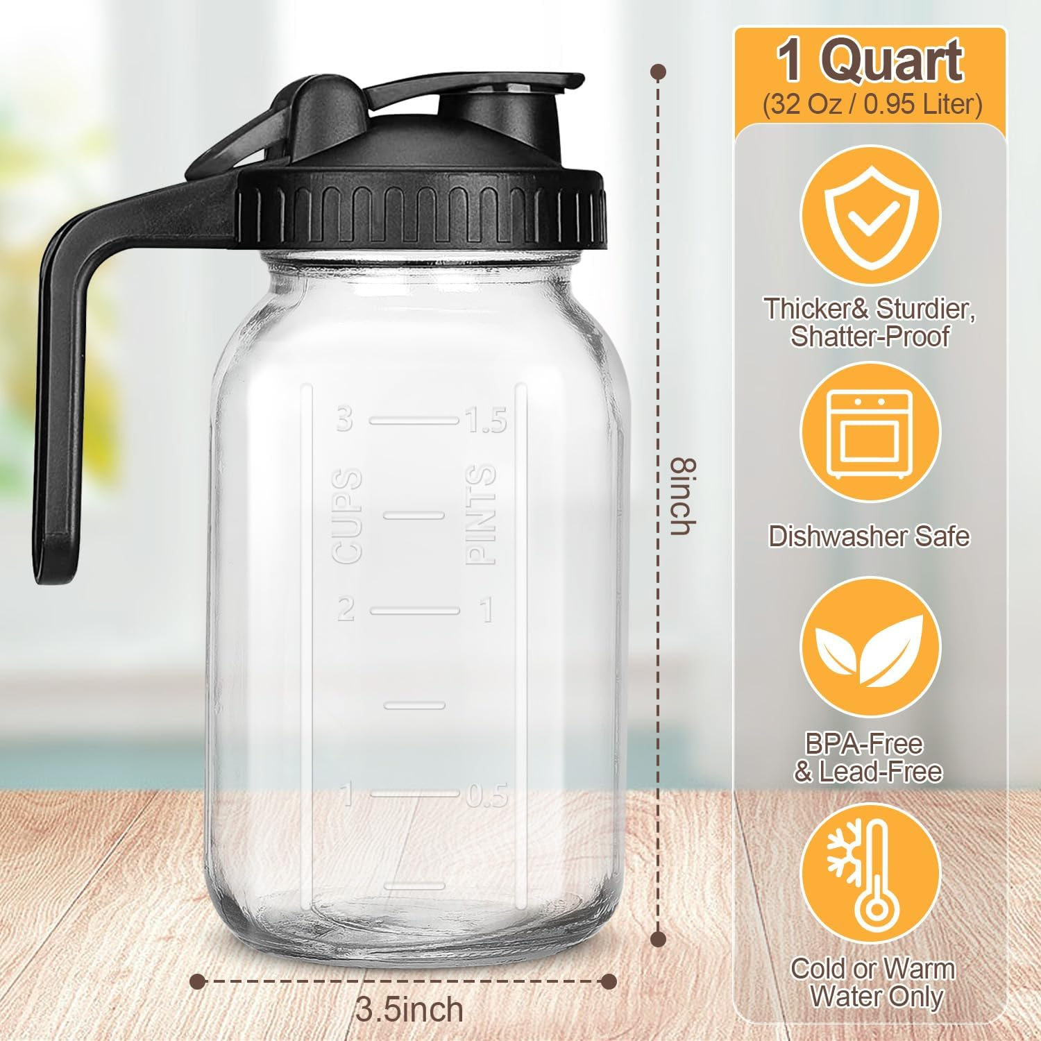 32 OZ Mason Jars with Lid, Glass Pitcher Double Leak Proof with Pour Spout Handle, 1 Quart Wide Mouth Breast Milk Pitcher for Fridge, Creamer Container for Coffee, Sun Tea, Juice - 1 Pack