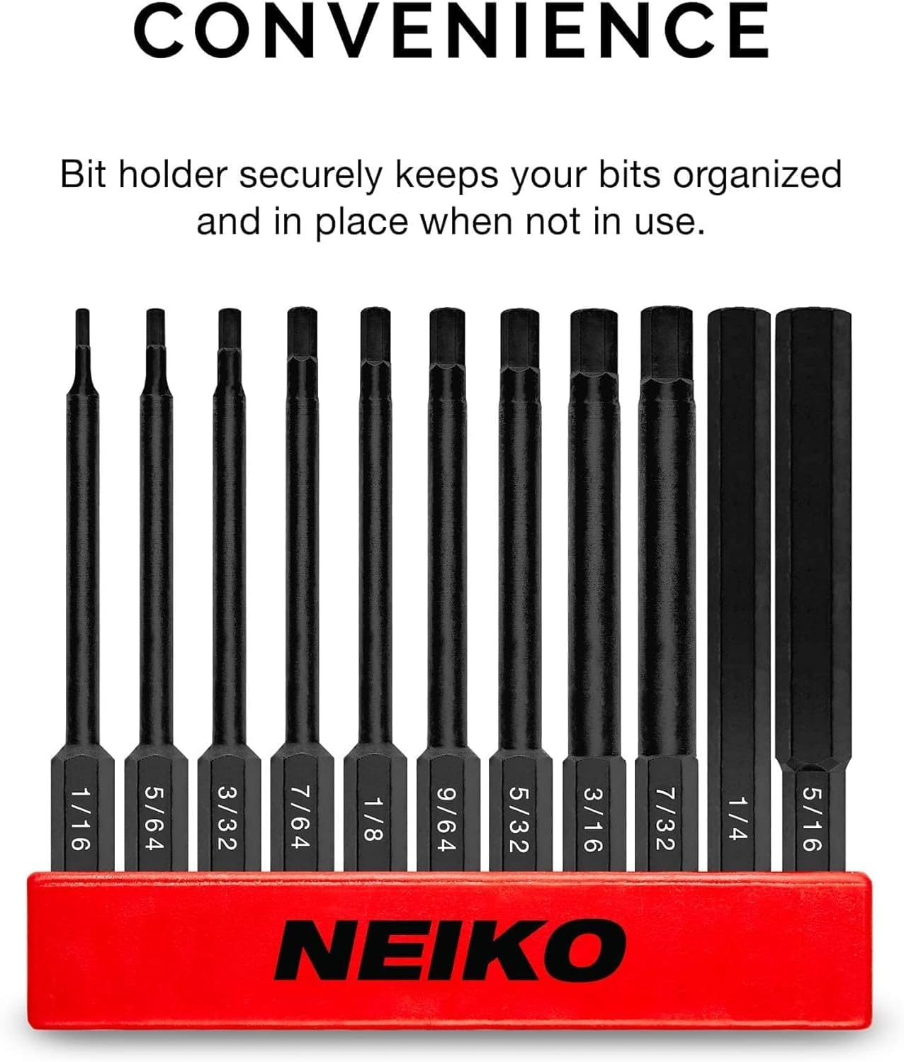 NEIKO 01147A Hex Allen Power Bit Set, 11-Piece SAE Sizes 1/16 to 5/16 | Magnetic Hex Head Bits | 3 Quick Release Shanks | Premium S2 Steel | Compatible with Power Drills and Impact Drivers image number 5
