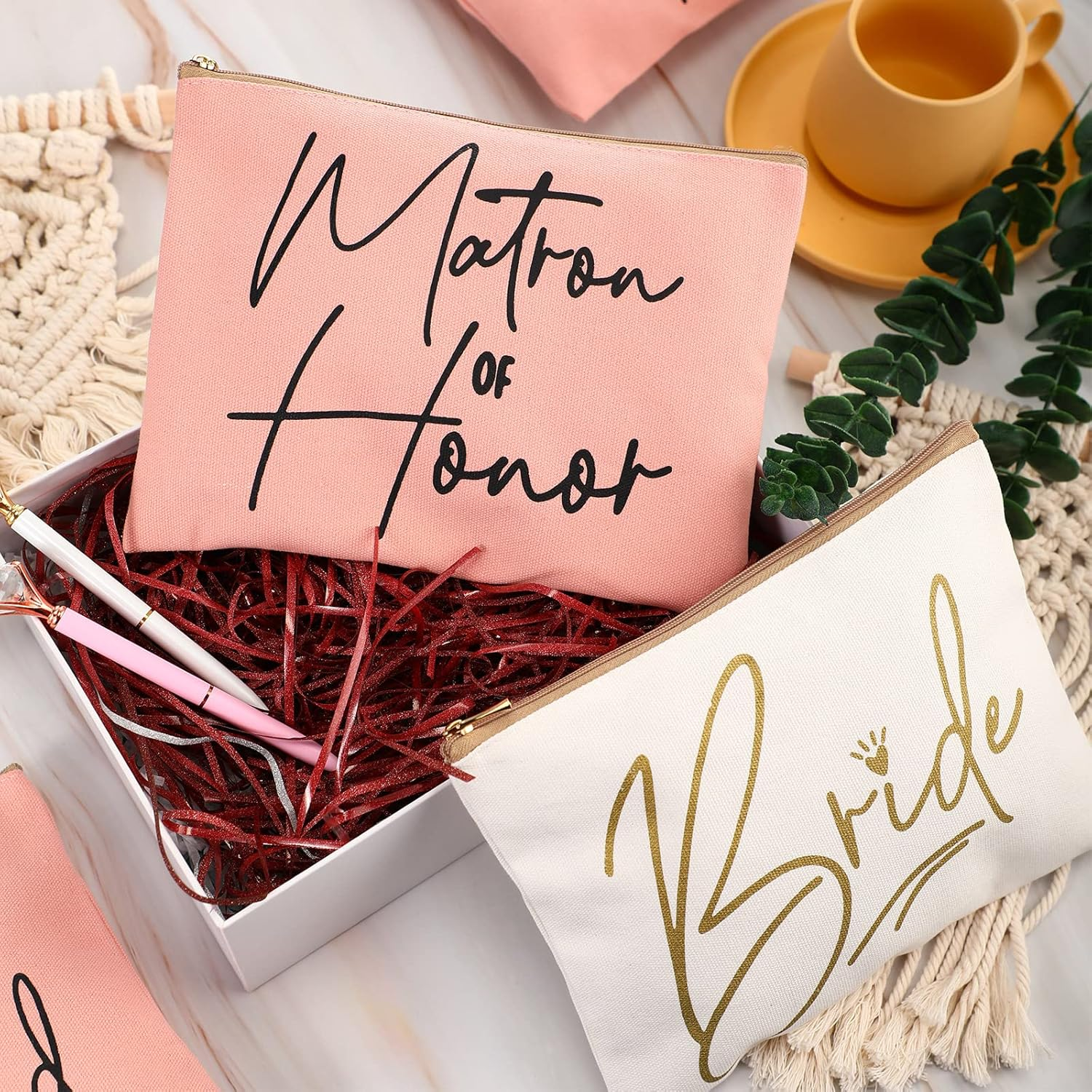 8 Pieces Bridesmaids Makeup Bag Wedding Bridal Makeup Bag Cosmetic Canvas Bag Matron of Honor Bag Wedding Print Cosmetic Bag for Women Brides Bridesmaids Wedding Parties, Lovely Pattern, Cosmetic Bag image number 2