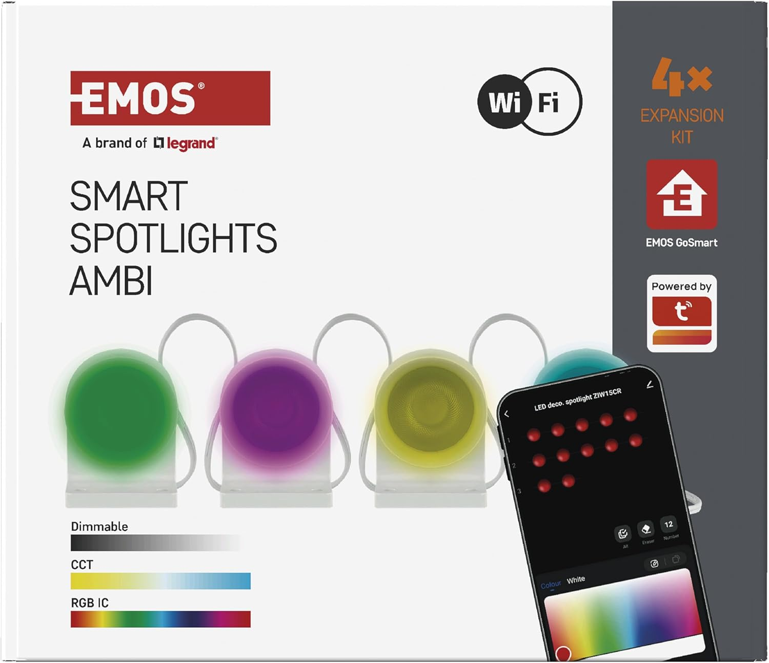 EMOS - Smart Spot Wall Lights, Expansion Part 4 Pieces - RGBIC+CCT LED Downlights Stick-On Dimmable - 2.4Ghz Wifi Ambient Light, Handyapp, Voice Assistants - Indoor Spotlights - White