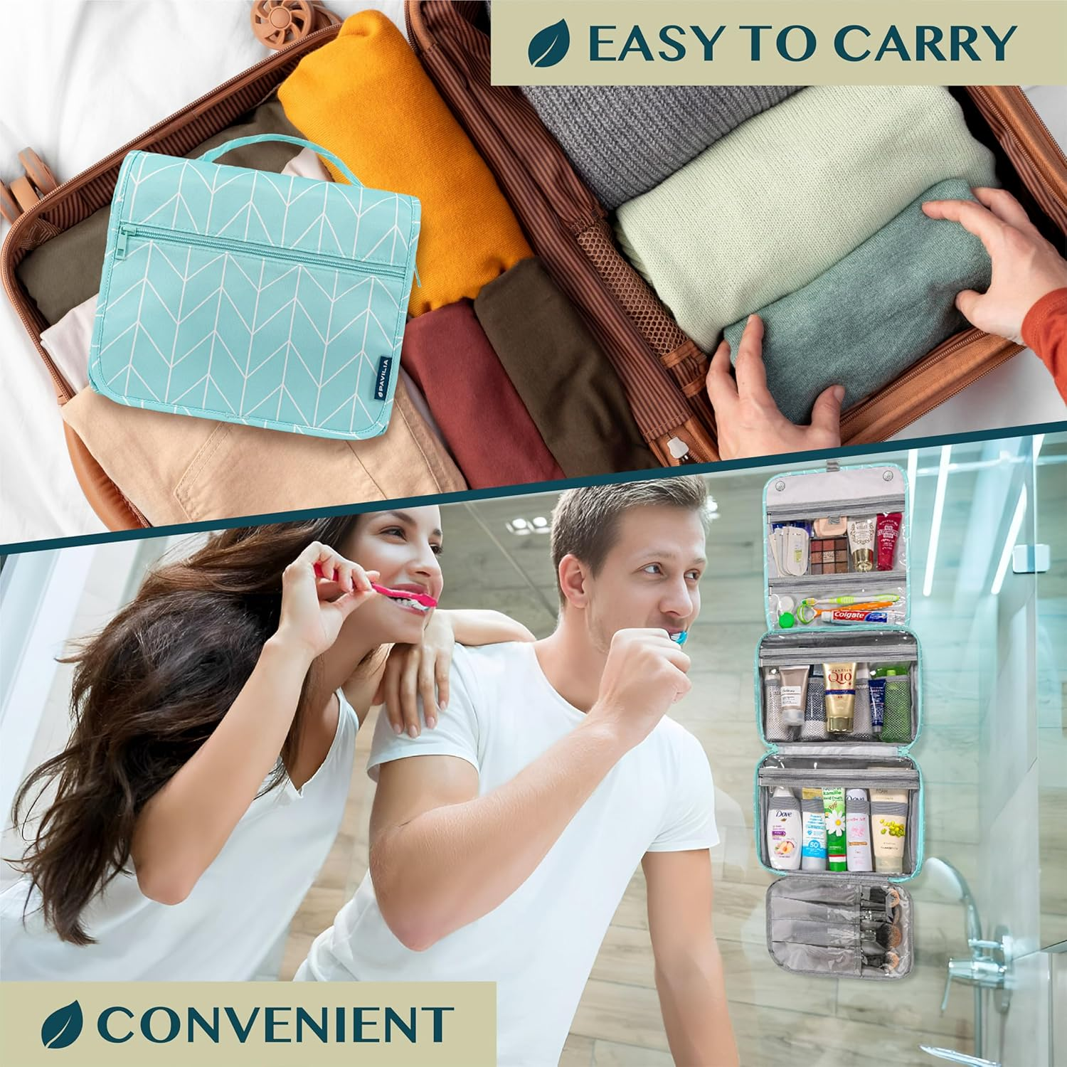 PAVILIA Hanging Toiletry Bag Women Men, Foldable Cosmetic Organizer Travel Bag, Water Resistant Makeup Bag Toiletries, Large Travel Essentials Kit, Teal Chevron, Large, Classic image number 1