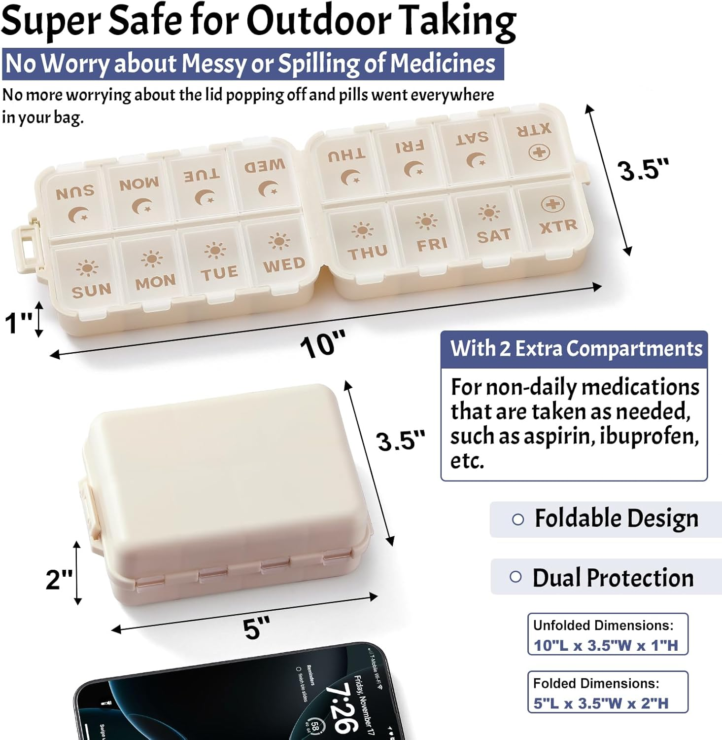 Foldable & Portable Pill Organizer 2 Times a Day with Extra Compartment - Etched Labels - Weekly 7 Day AM PM Medicine Box, Week Daily Travel Pill Case Holder Dispenser for Vitamin, Supplement - Khaki