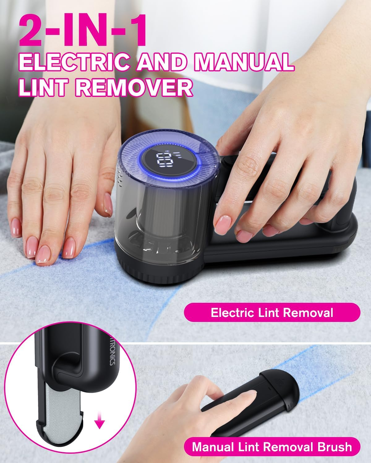 Electric Lint Shavers, [2000Mah Battery] [6-Leaf Blade] Homtronics Rechargeable Lint Remover with 3-Speed, LED Display, Dual Protection, Fabric Shaver Perfect for Clothes, Sweater, Couch (Black) image number 4