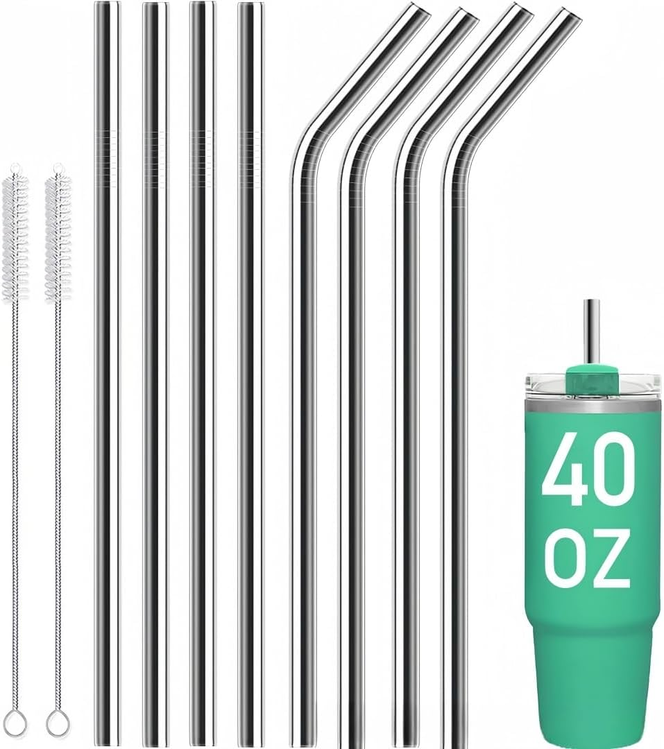 10 Pack of Reusable Stainless Steel Metal Straws, 4 Straight + 4 Bent 30Cm Metal Straws with 2 Cleaning Brushes, Straw Compatible with 40Oz Stanley Cup image number 4