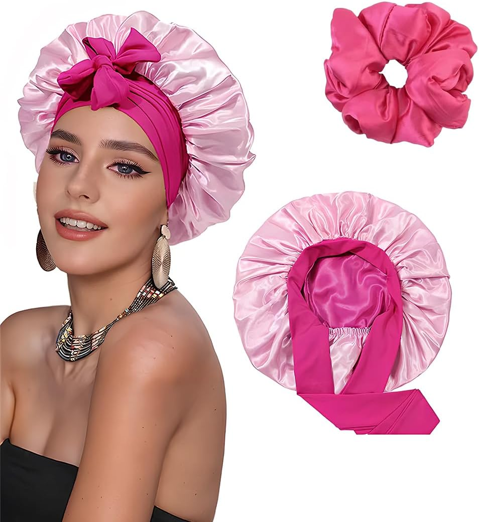 GGUFAY Double Sided Satin Hair Cap with Adjustable Tie Strap + Scrunchie Set, Hair Protection for Curls, Silk Bonnet for Sleeping, Gift for Women and Girls, Pink/Rose Red image number 3