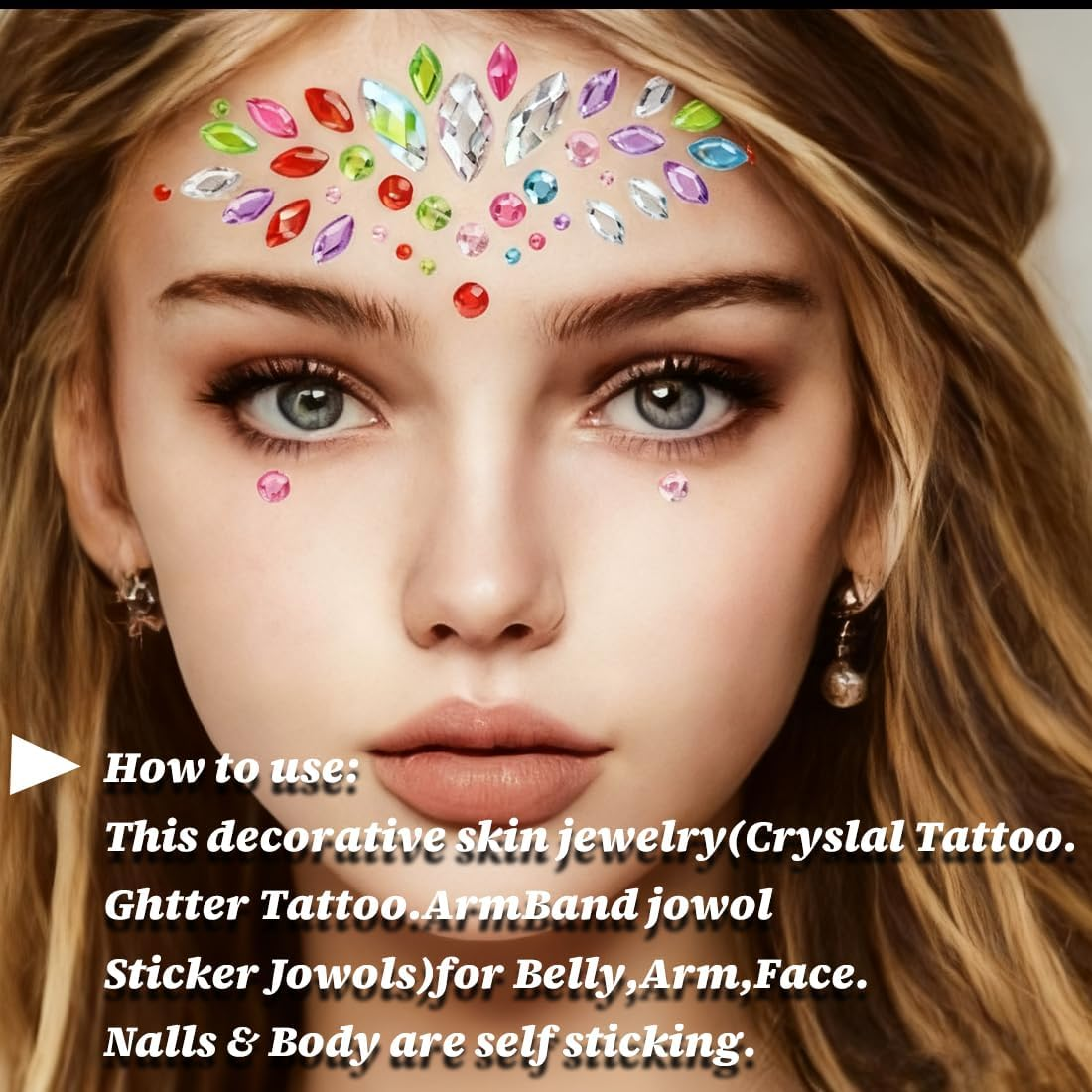 ZORVYN 4 Pieces Face Rhinestones Rhinestone Stickers Face Rhinestones for Music Carnival Party Makeup image number 2