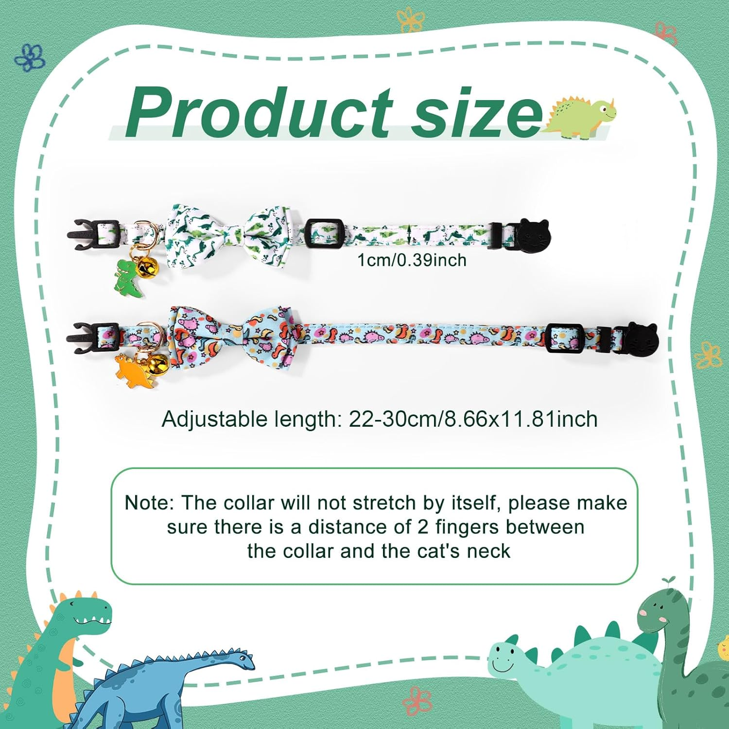 2Pcs Dinosaur Patterned Cat Collar, Cat Collar with Bell Adjustable Dinosaur Cat Collars Bowtie Cat Collar Fancy Cat Collar for Male and Female Cats
