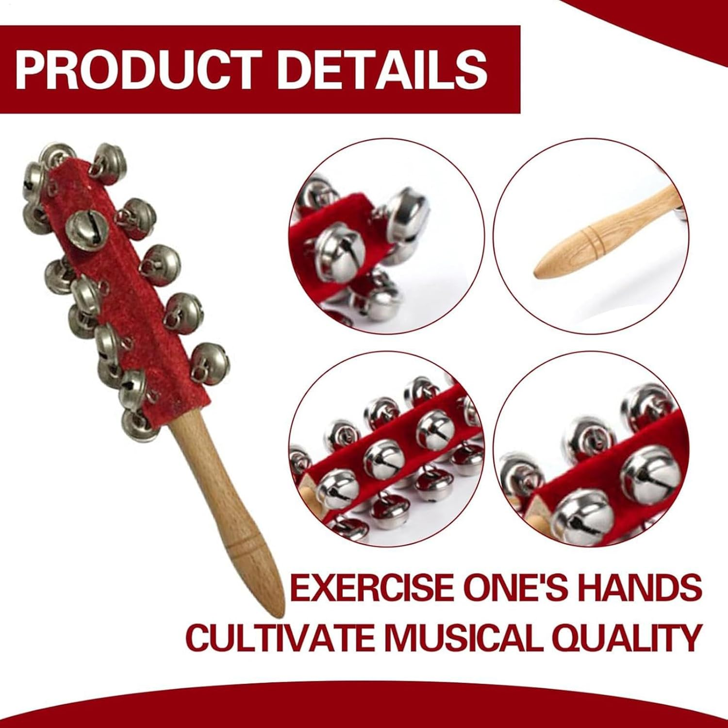 Hand Jingle Bells - Children Wooden Hand Instrument Jingle Bell - Wooden Handle Sleigh Bell Christmas Stick Jingle Shaker Rattles Percussion Musical Bell Instruments Red