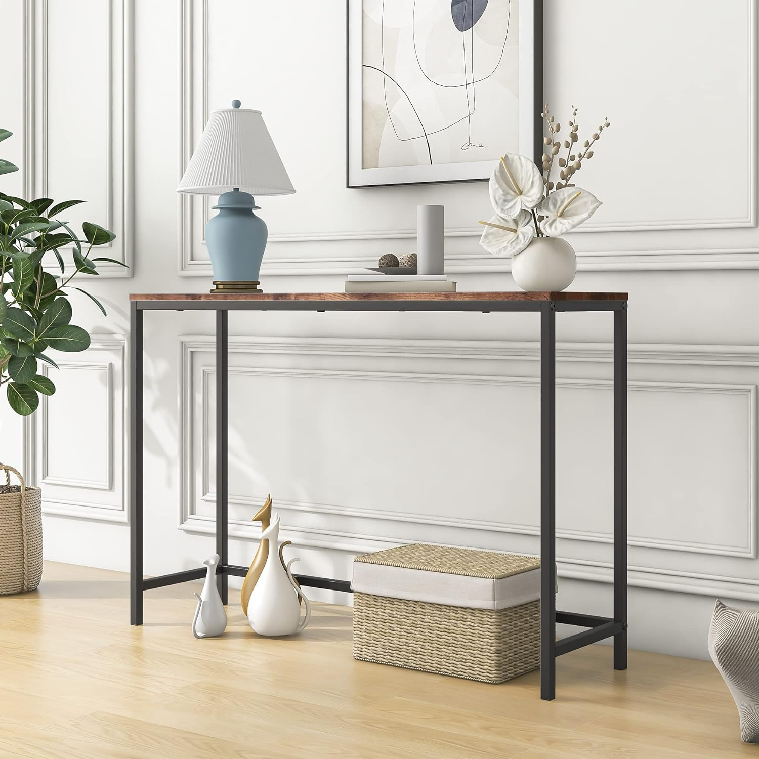 FOUBAM Thin Console Sofa Table for Entryway, Wood Couch Side Table, Hallway End Entrance Computer Desk, Window Table for Plants Indoor, Slim Coffee Table, Vintage Brown - Teak Color image number 6