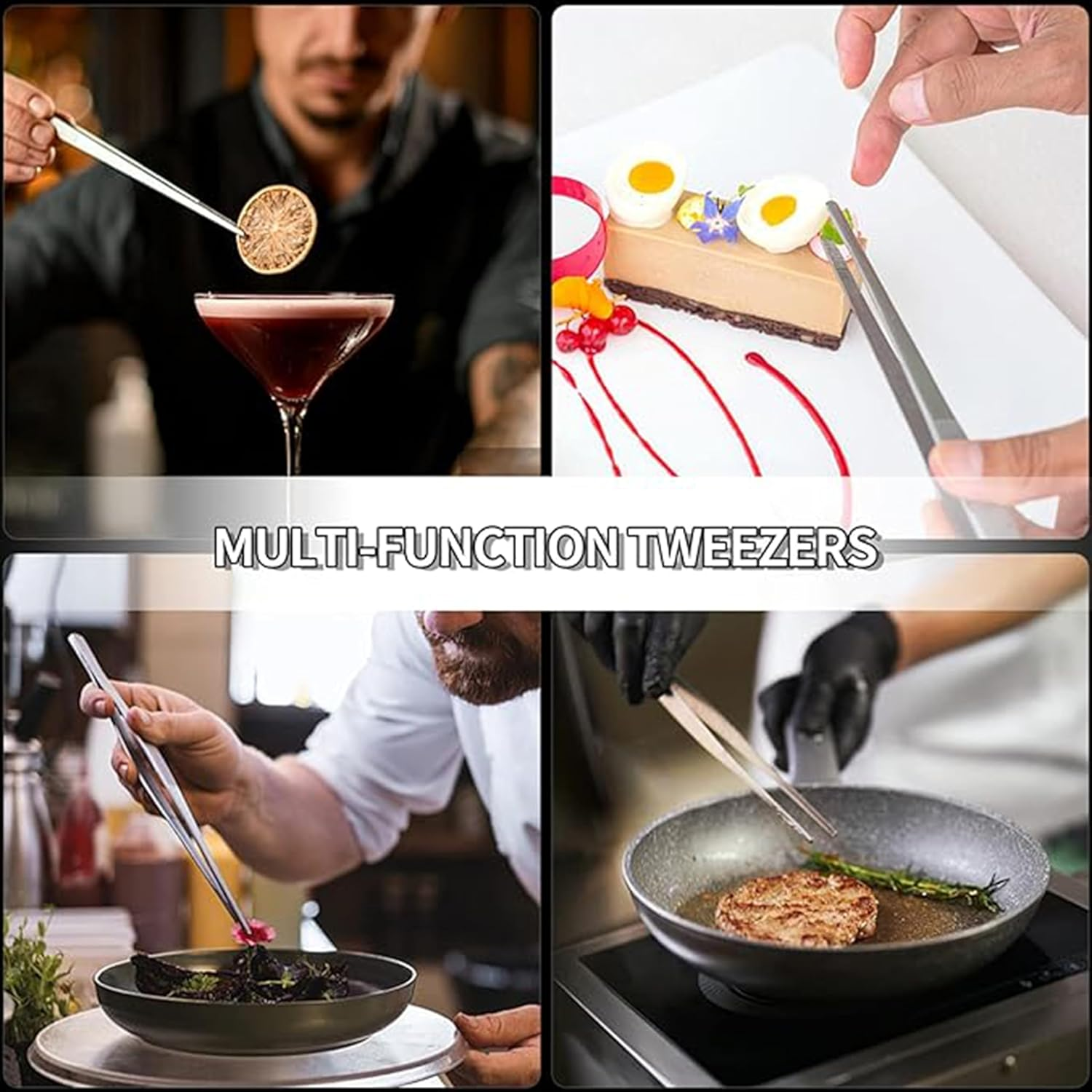 Professional Stainless Steel Tweezers Set, 25-30 Cm Length, 4-Piece, Serrated Tips for Cooking and Crafting image number 4