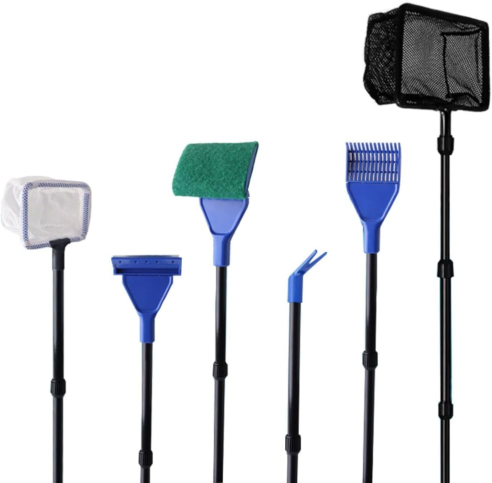 Vekol Fish Tank Cleaner Retractable 6 in 1 Aquarium Cleaning Tools Adjustable Long Handle Fish Tank Brush Cleaner Set with Algae Scraper, Fish Net, Spoon Net, Plant Fork, Gravel Rake, Clean Sponge