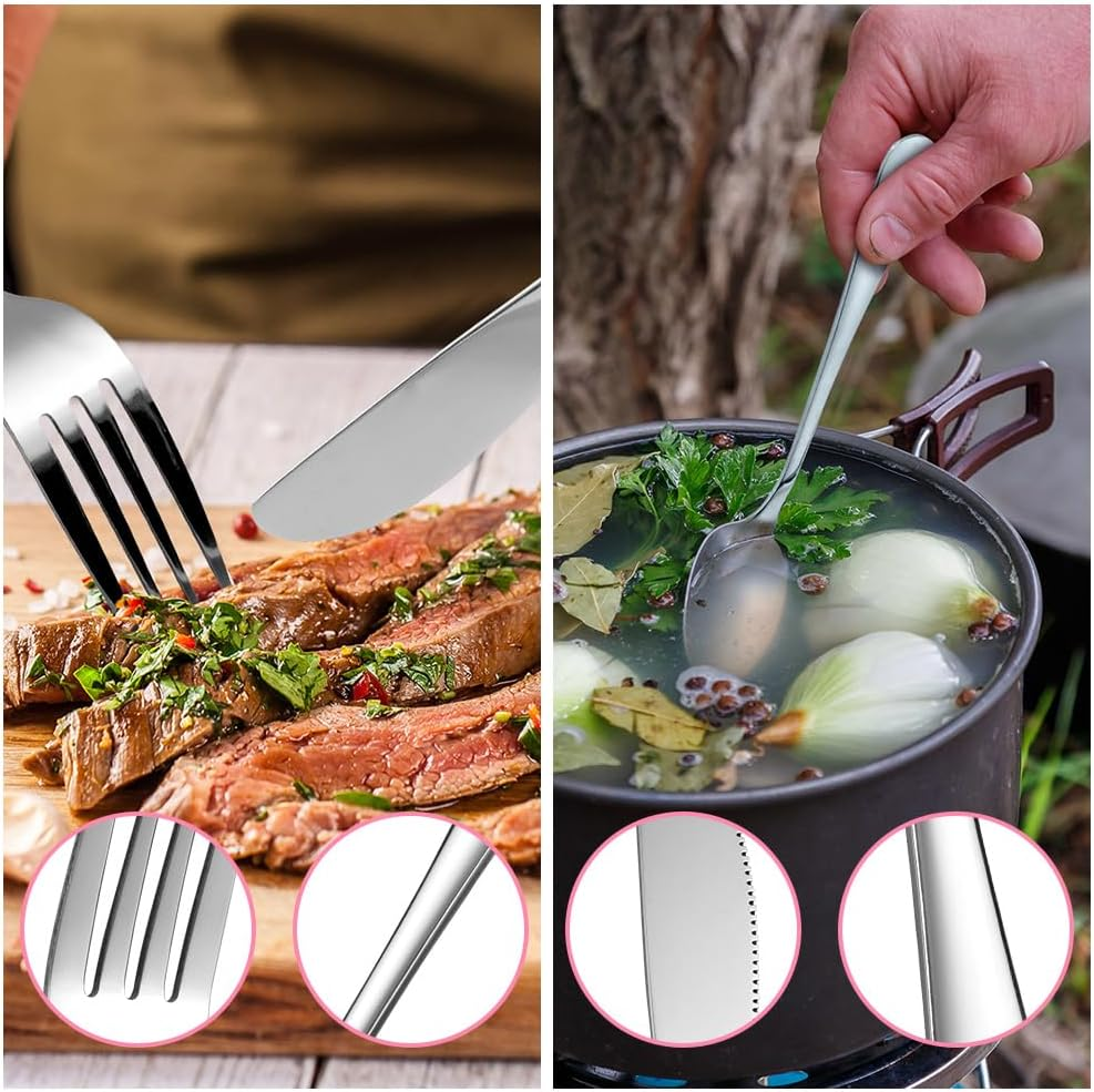 HOTUT Camping Cutlery Set, 3 Pieces Reusable Utensils Set, Portable Stainless Steel Cutlery with Plastic Box, Portable Kitchenware for Outdoor Travel Picnic Office School Lunch Box - Pink image number 5