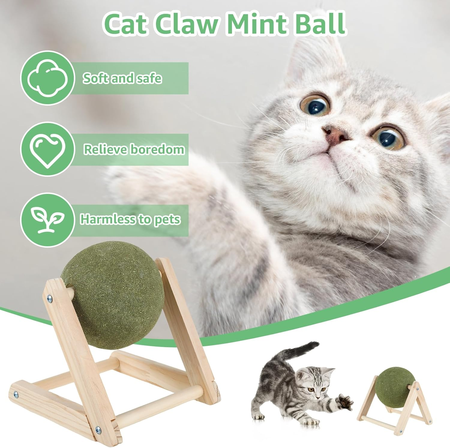 Cat Mint Ball Toy, Catnip Floor Ball Toy with Wood Stand, Rotatable Catnip Roller Ball Floor Mount, Interactive Catnip Floor Toys for Cat Playing and Training (Large) image number 6