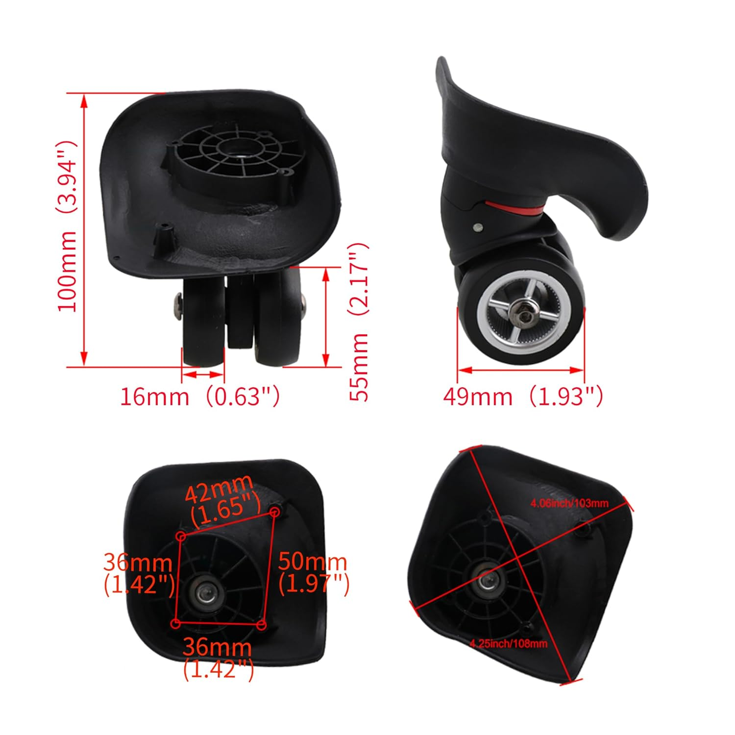 RDEXP 2Pieces Luggage Wheel 3.94 Inch Replacement W042-L Black Right Plastic W/Screw image number 1