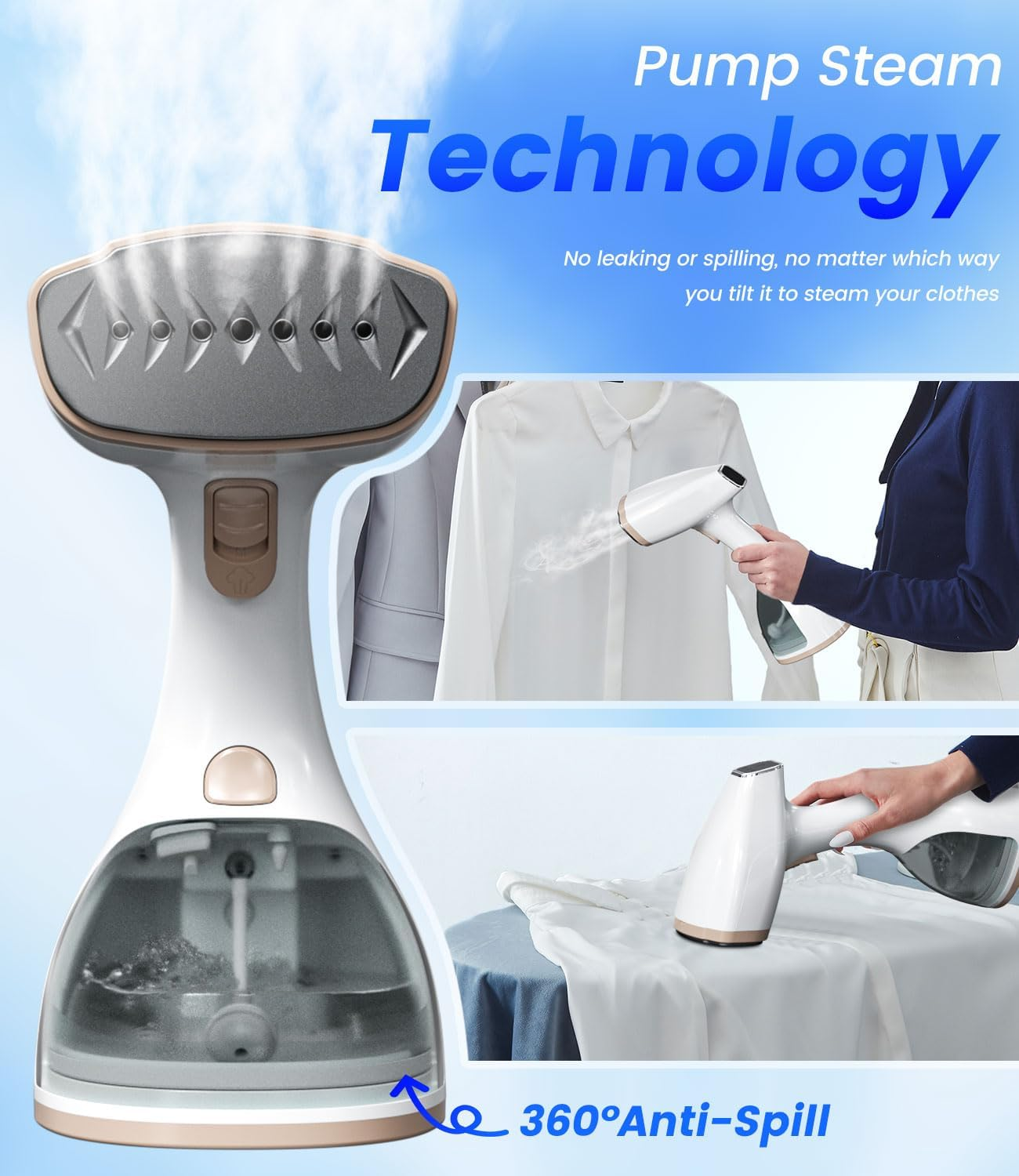 AUSELECT Handheld Steamer for Clothes - 1500W Garment Steamer Iron, Detachable 300Ml Water Tank with Lint Remover & Fabric Brush, 30S Fast Heat-Up Portable Steamer for Travel, Home Appliance & Gift image number 2